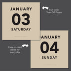 The Eterna Goods 2026 Large Text Calendar displays January 3 (Saturday) and January 4 (Sunday) with bold, colorful tear-off pages. Its large print is easy to read against a dark gray background, perfect for mindful planning.