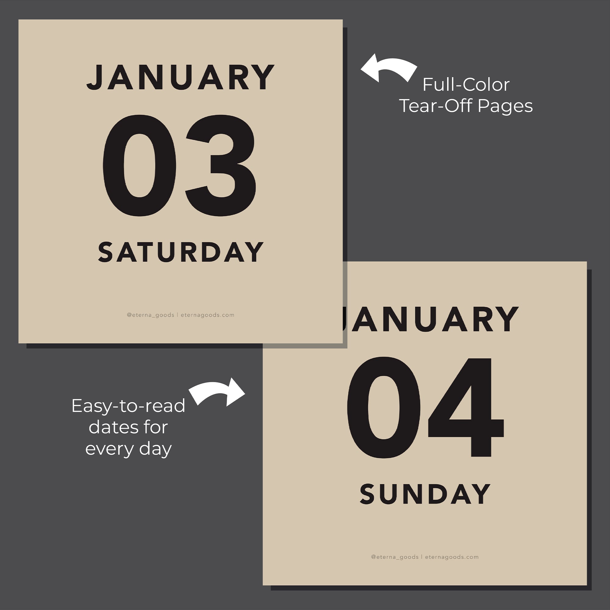 The Eterna Goods 2026 Large Text Calendar displays January 3 (Saturday) and January 4 (Sunday) with bold, colorful tear-off pages. Its large print is easy to read against a dark gray background, perfect for mindful planning.