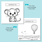Charlie's Treasures Kids Coloring Calendar offers mindful fun: Jan 3 has a mouse with cheese, and Jan 4 features a hot air balloon over hills with birds—perfect for daily reflection activities.