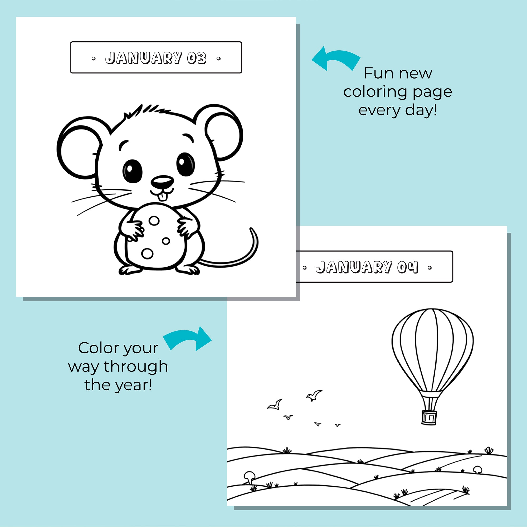 Charlie's Treasures Kids Coloring Calendar offers mindful fun: Jan 3 has a mouse with cheese, and Jan 4 features a hot air balloon over hills with birds—perfect for daily reflection activities.