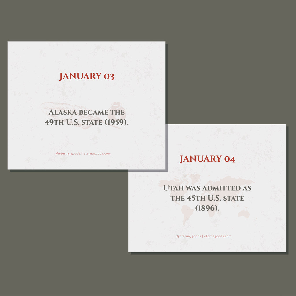 Explore Eterna Goods' Today In History Perpetual Calendar: reveal facts like "Alaska became the 49th U.S. state (1959)" on Jan 3 and "Utah admitted as the 45th (1896)" on Jan 4—an ideal history calendar or educational gift.