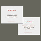 Explore Eterna Goods' Today In History Perpetual Calendar: reveal facts like "Alaska became the 49th U.S. state (1959)" on Jan 3 and "Utah admitted as the 45th (1896)" on Jan 4—an ideal history calendar or educational gift.