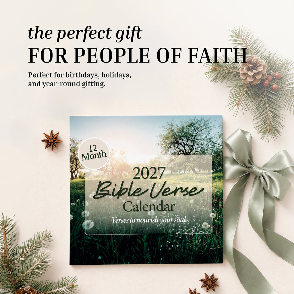 The Hannah Faith 2027 Bible Verse Wall Calendar features stunning greenery, pinecones, and a silver ribbon bow on a light background—making it the perfect Christian gift for people of faith. This beautifully designed calendar showcases inspiring scripture and uplifting religious quotes for every month of the year.