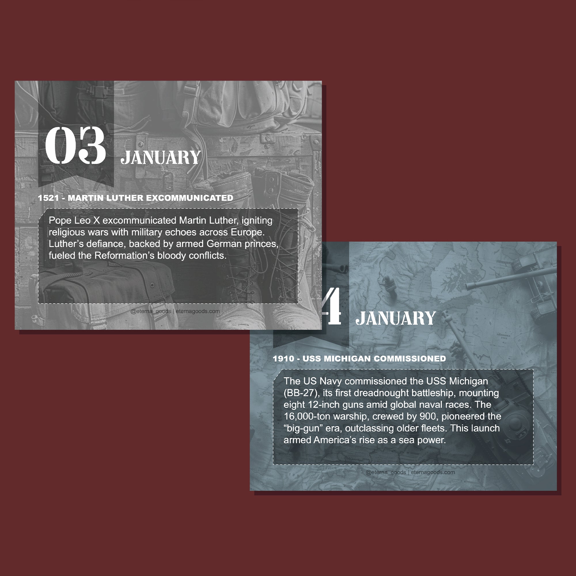 The Today In Military History Perpetual Calendar by Eterna Goods displays overlapping cards with events like Martin Luther’s 1521 excommunication and the USS Michigan's 1910 commissioning—an ideal military history gift.