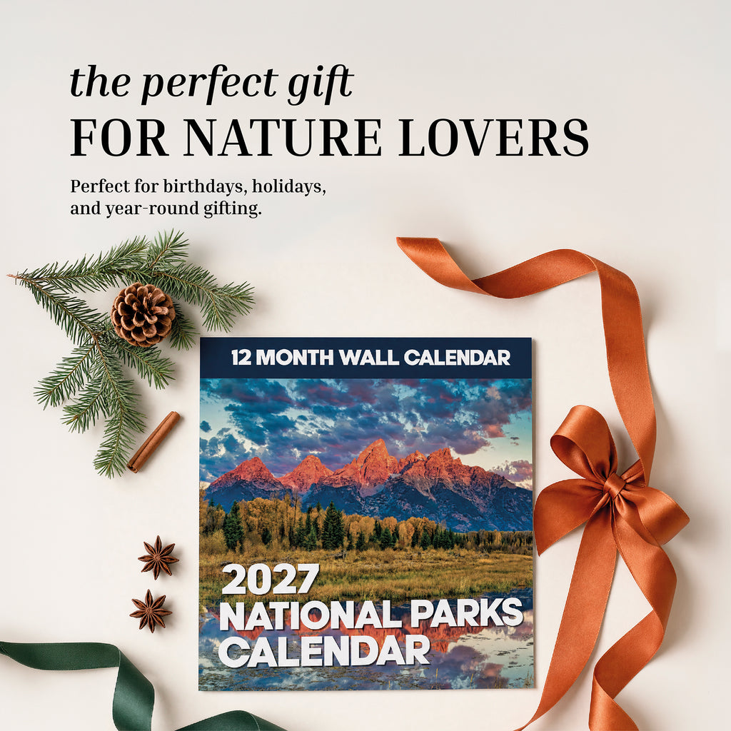 The 2027 National Parks Wall Calendar by Eterna Goods is beautifully displayed with ribbon, pinecone, and evergreen branch on a light surface—making it the perfect gift for outdoor enthusiasts who admire breathtaking National Park photography.
