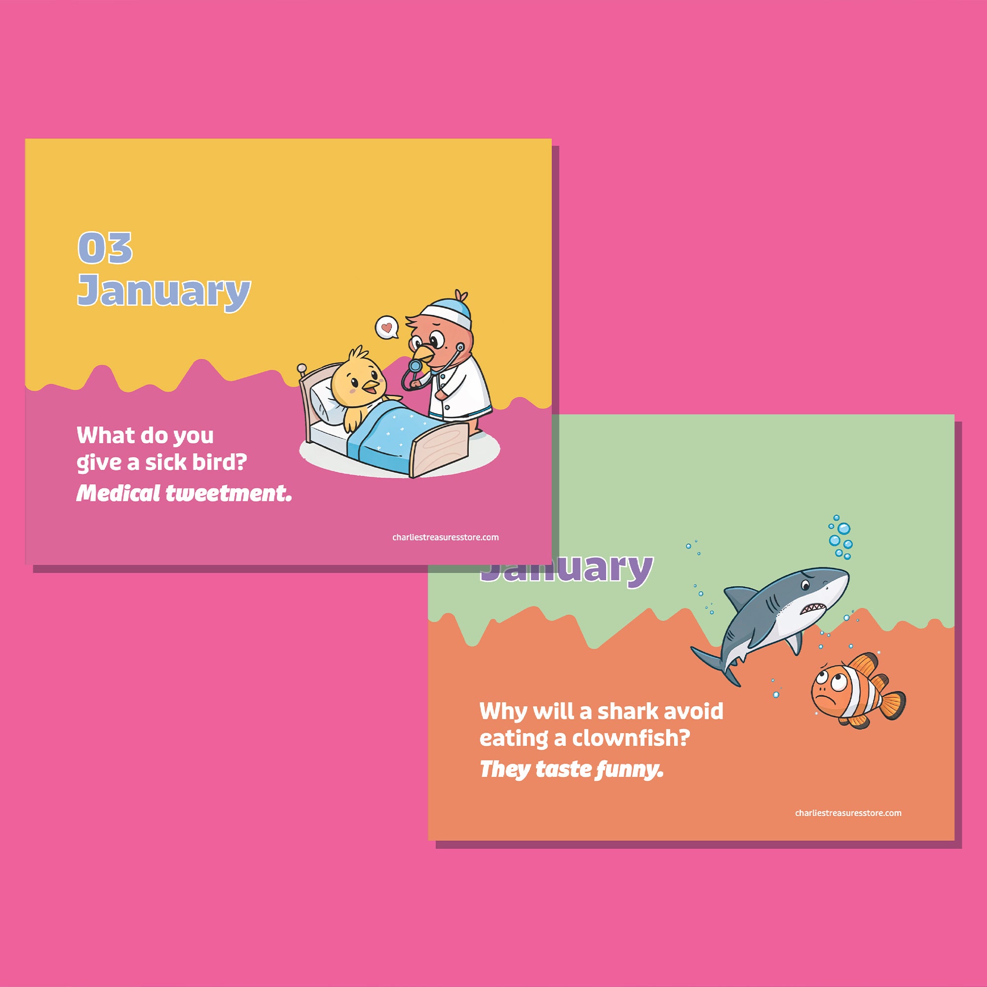 Charlie’s Treasures’ Perpetual Kids Jokes Calendar features two illustrated pages—a doctor treating a bird and a shark chasing a clownfish—with joke questions and punchlines, perfect for daily laughs!.
