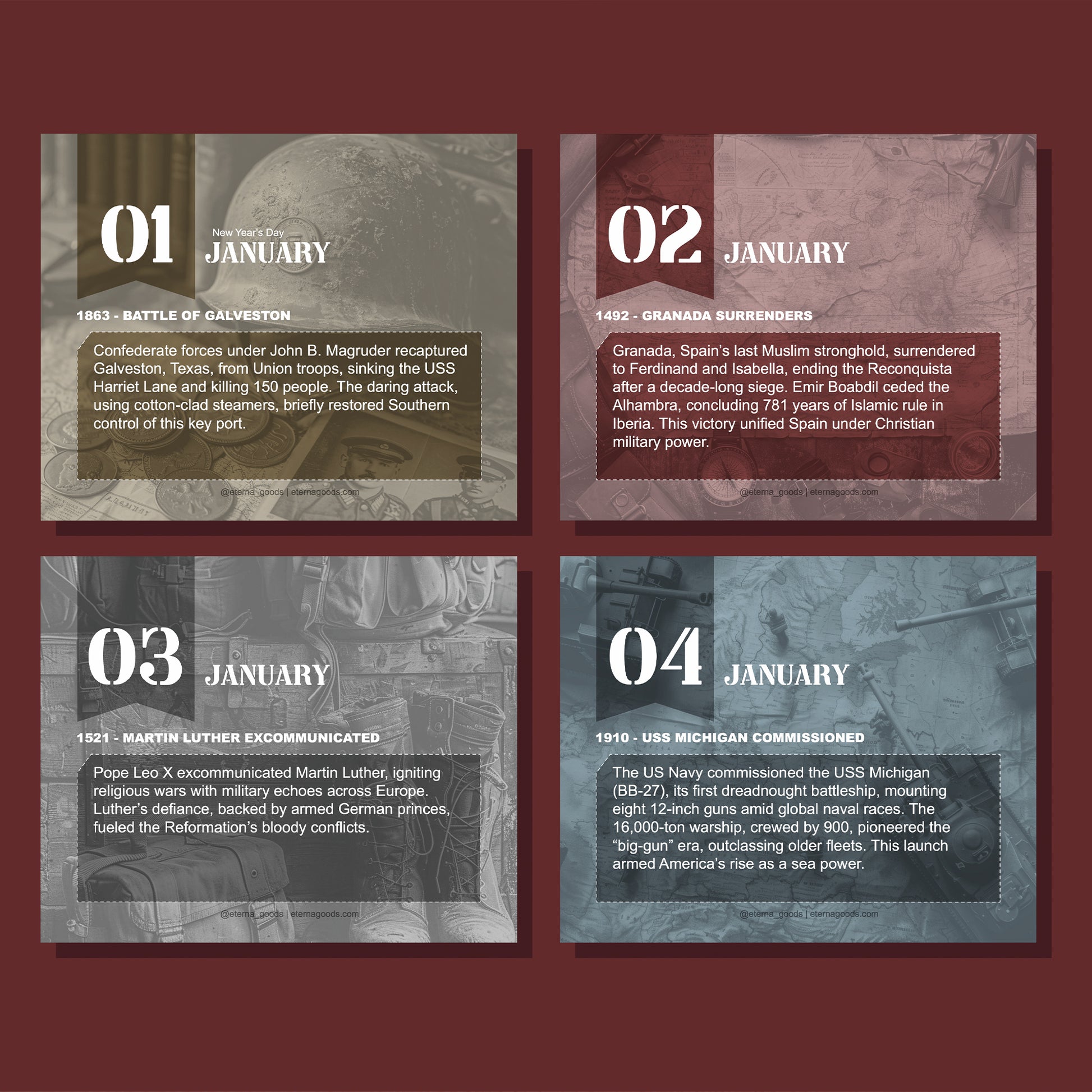 The Today In Military History Perpetual Calendar by Eterna Goods features four burgundy text boxes with brief summaries of military events—battles, surrenders, religious conflicts, and naval commissionings—from January 1–4.