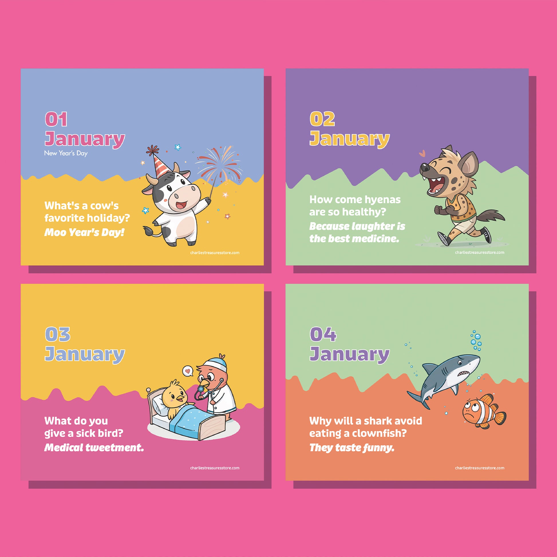Charlie's Treasures Perpetual Kids Jokes Calendar features four illustrated cards with animal-themed jokes, each dated January 1–4 and displaying a matching cartoon animal for every joke.
