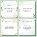 The Eterna Goods 2025 Mindfulness Calendar offers four pastel-colored cards with leafy designs and daily practices for January 1–4—ideal for your mindfulness routine and stress relief.