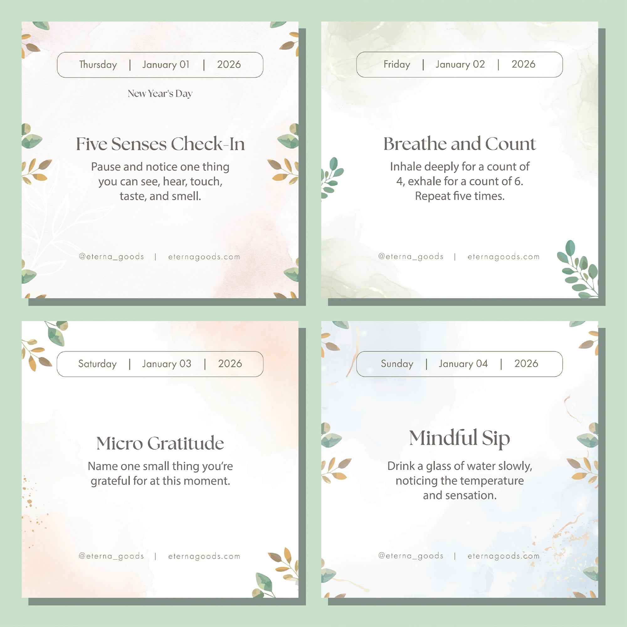 The Eterna Goods 2025 Mindfulness Calendar offers four pastel-colored cards with leafy designs and daily practices for January 1–4—ideal for your mindfulness routine and stress relief.