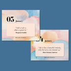 Two pastel watercolor pages from the Eterna Goods Motivational Perpetual Calendar show January 3 and 4, each with inspirational quotes by Benjamin Franklin and Hans Christian Andersen.