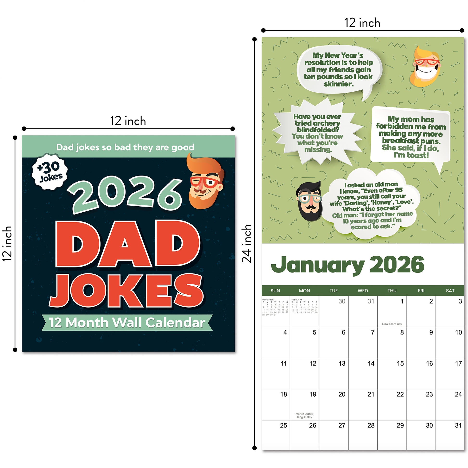 The 2026 Dad Joke Wall Calendar by That Is So Dad features a 12-month layout with illustrated faces, joke speech bubbles, and monthly grid; cover and January page shown. Dimensions: 12x12 in. (closed), 12x24 in. (open).