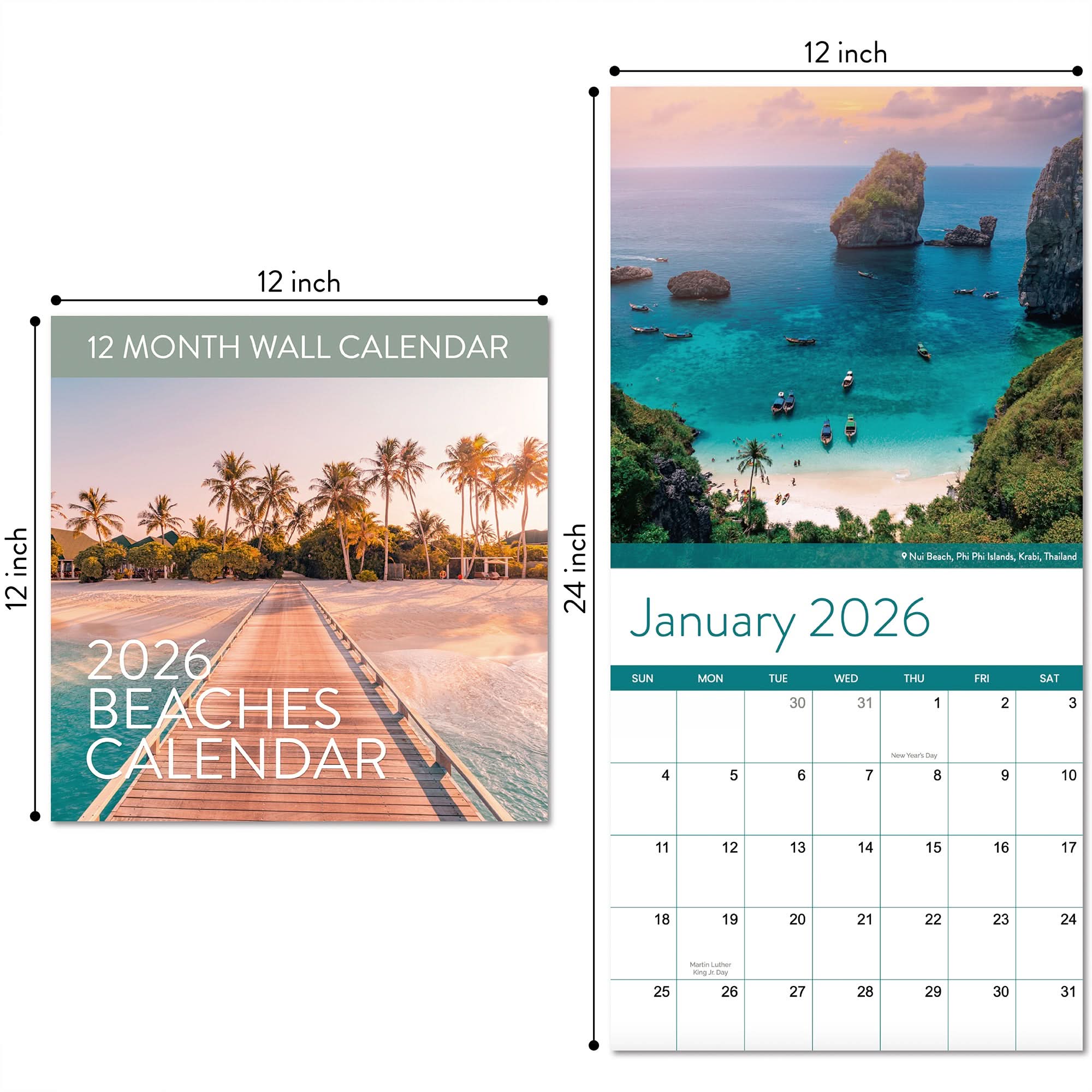 Side-by-side view of Eterna Goods' 2026 Beaches Wall Calendar, showing the 12 x 12 inch cover with a beach scene and an open January page. Enjoy striking coastal photos and a spacious monthly grid.