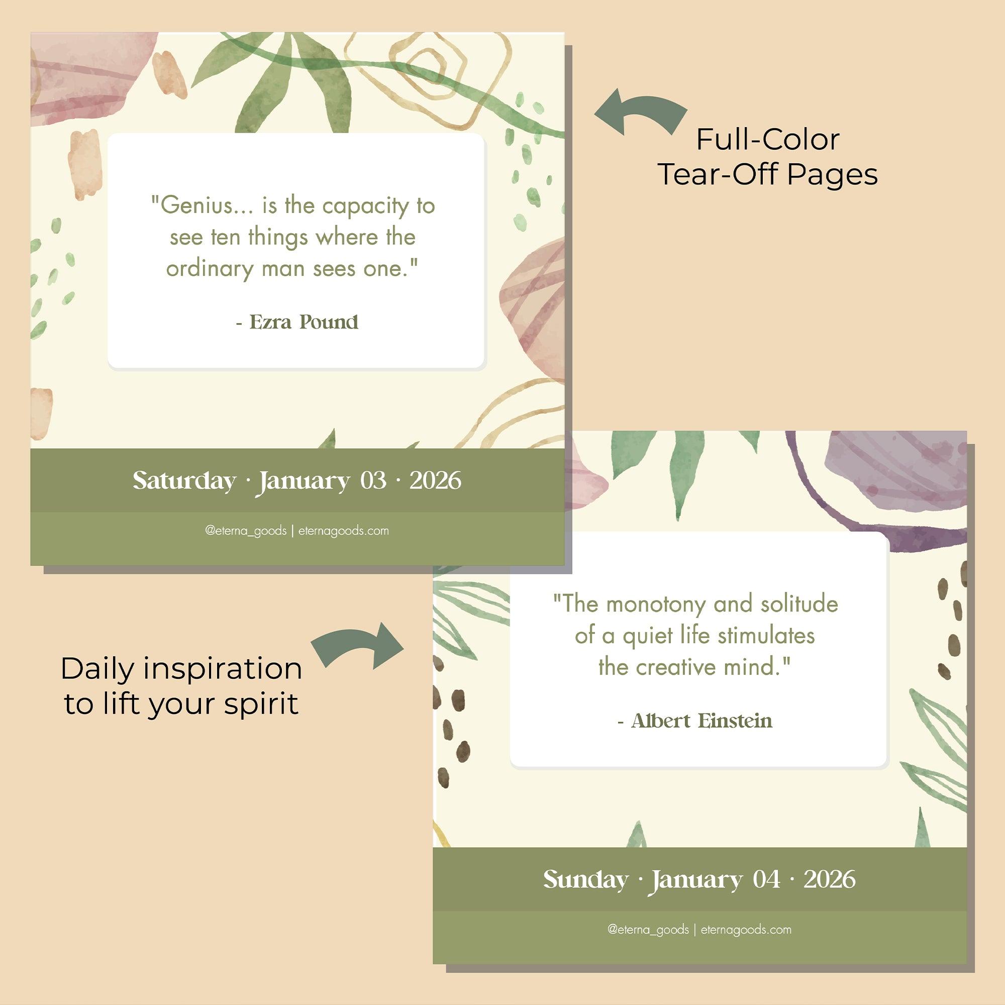 The 2026 Motivational Calendar by Eterna Goods features full-color tear-off pages with watercolor leaf designs, dates, and daily inspirational quotes to boost your spirit and mindfulness every day.