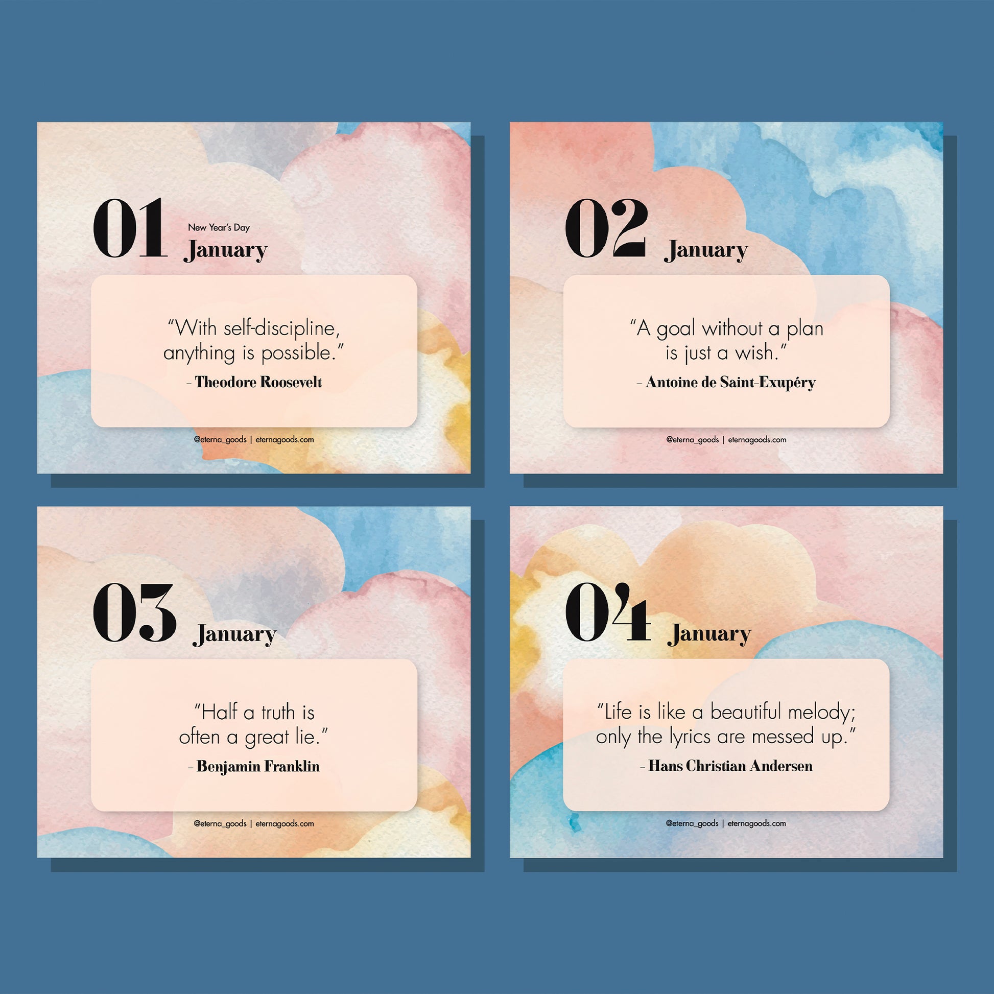 Eterna Goods’ Motivational Perpetual Calendar features four January cards with watercolor backgrounds, each showing a date and an inspiring quote from Roosevelt, de Saint-Exupéry, Franklin, or Andersen.