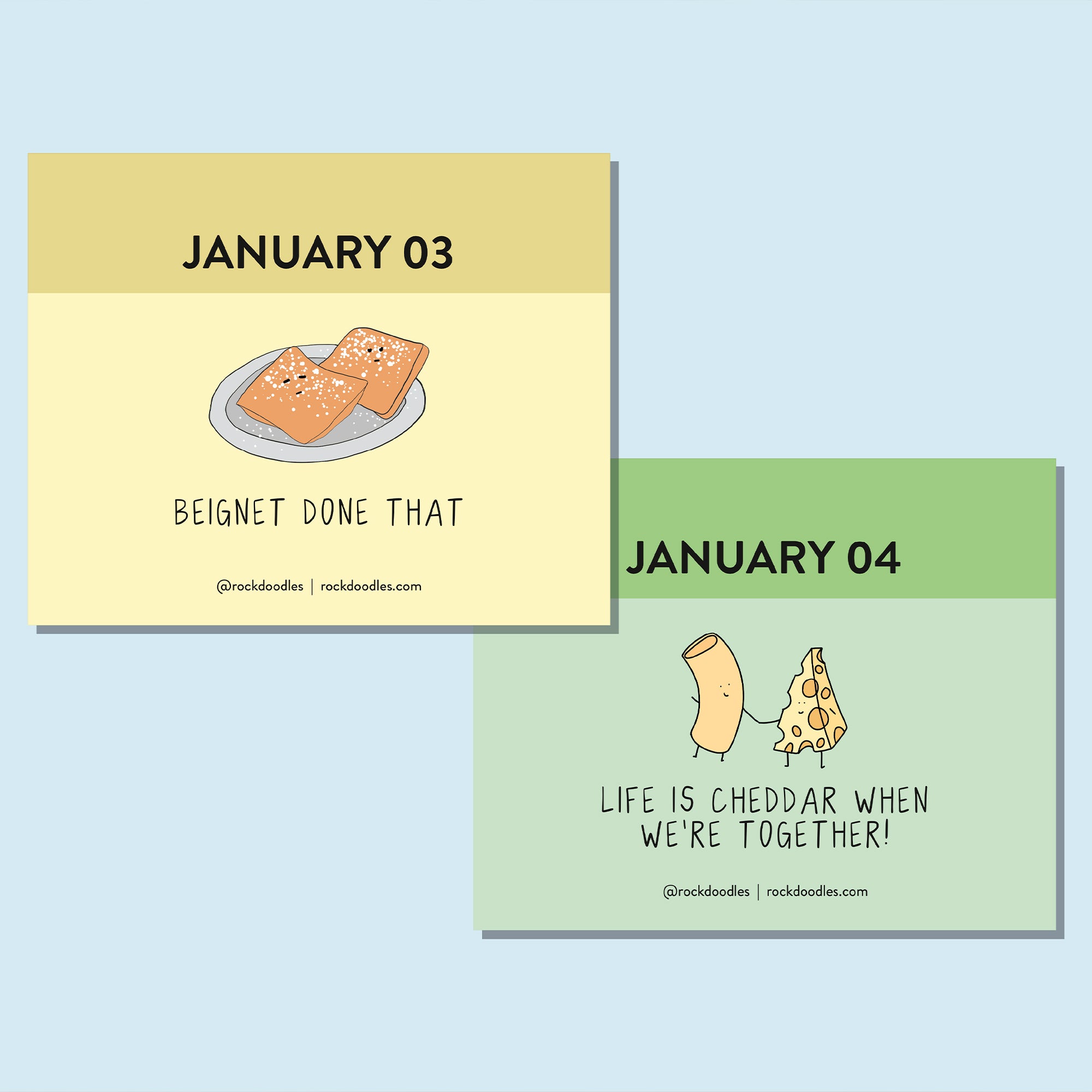 The rockdoodles A Pun A Day Perpetual Calendar features daily illustrated puns, like beignets with "BEIGNET DONE THAT" and cheese with "LIFE IS CHEDDAR WHEN WE'RE TOGETHER!"—a perfect playful gift for pun lovers.