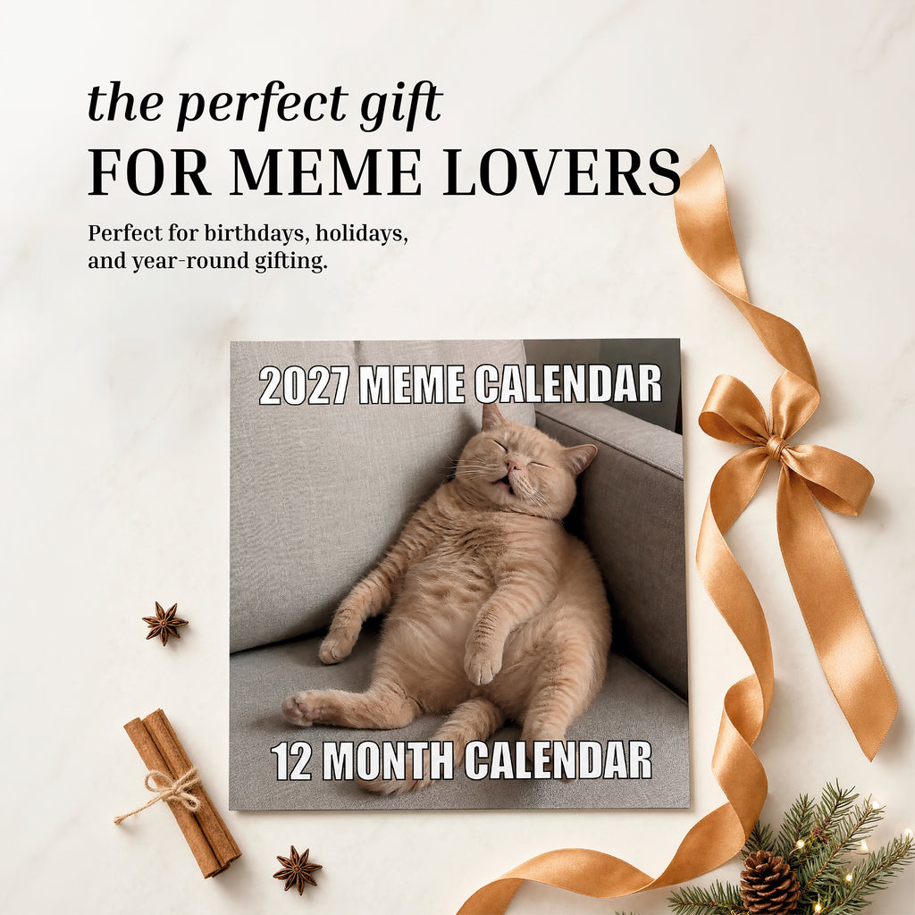 The 2027 Meme Wall Calendar by Eterna Goods features a cover photo of a relaxed cat, surrounded by ribbon, pine branches, and star anise on a white surface—making it the ideal choice for meme art enthusiasts seeking a humorous calendar for the new year.