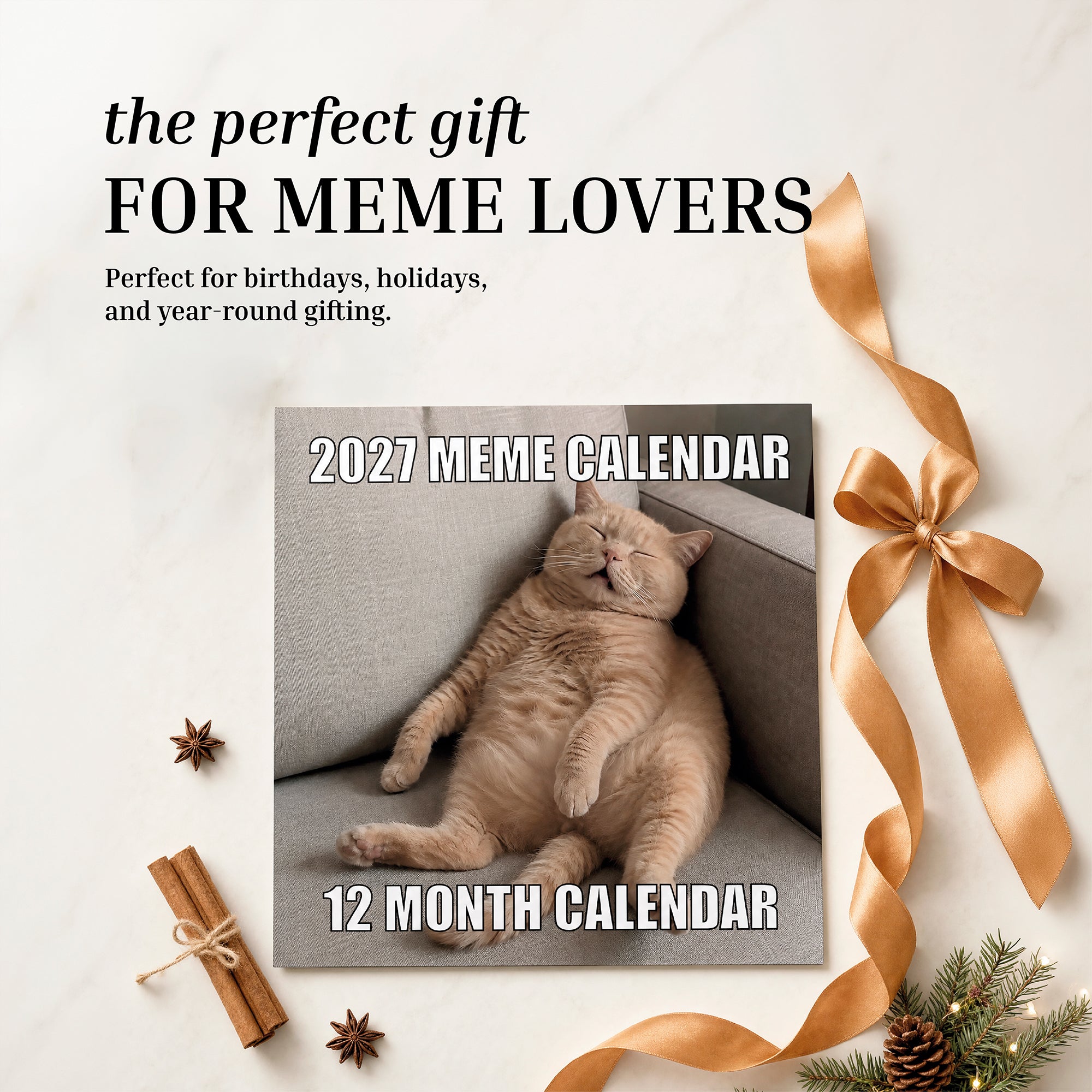 The 2027 Meme Wall Calendar by Eterna Goods features a cover photo of a relaxed cat, surrounded by ribbon, pine branches, and star anise on a white surface—making it the ideal choice for meme art enthusiasts seeking a humorous calendar for the new year.