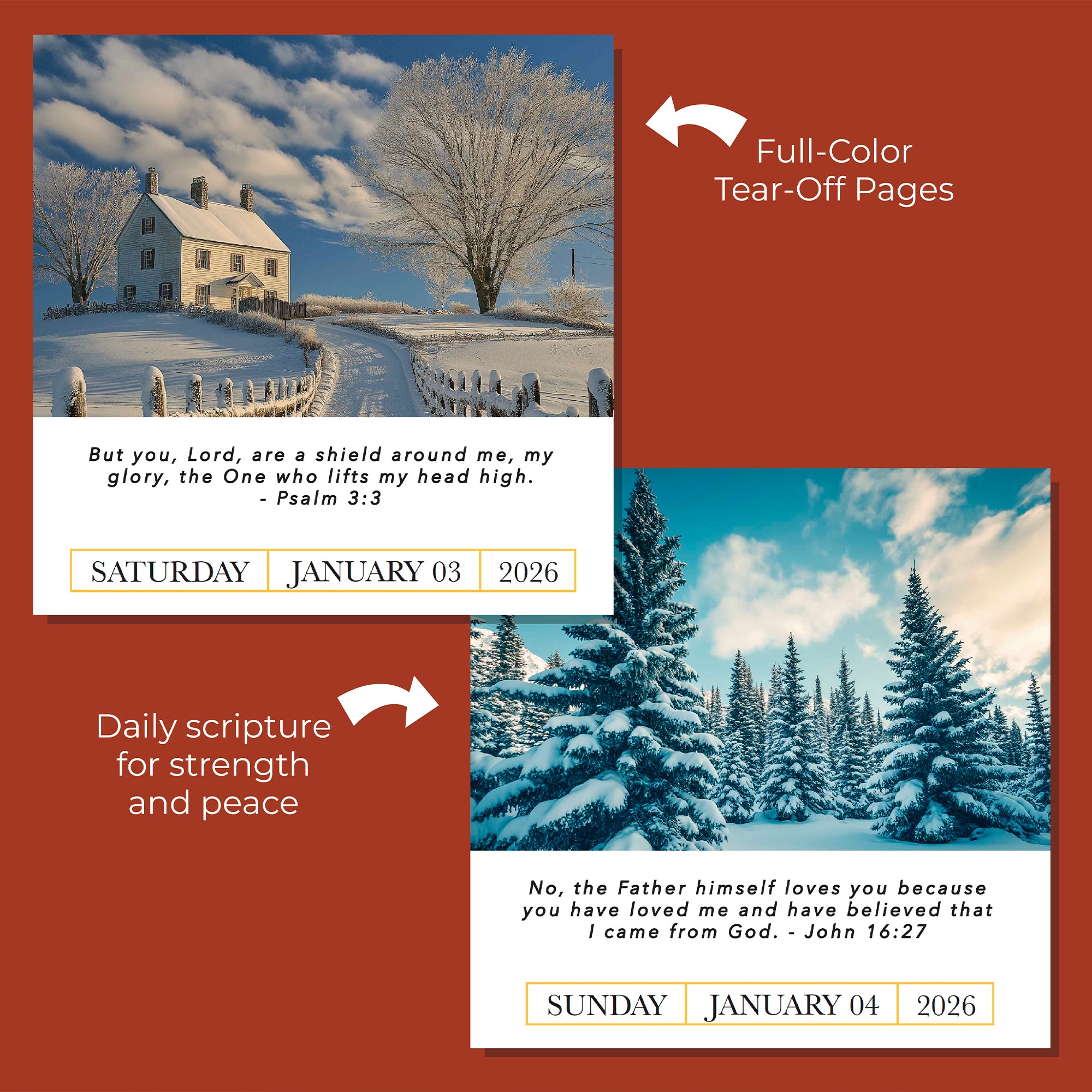 The 2026 Verse A Day Calendar by Hannah Faith features two pages with winter landscapes, mindful verses, and dates for Saturday, Jan 3, 2026, and Sunday, Jan 4, 2026 on a red background.