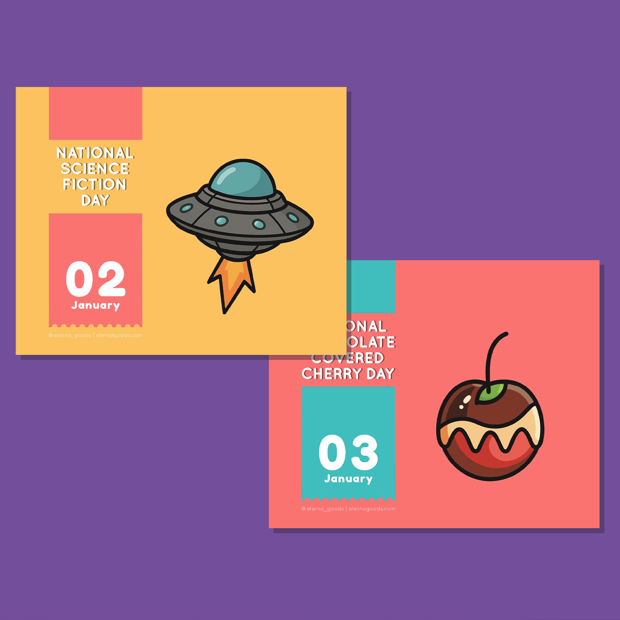 Two illustrated cards from Eterna Goods’ A Holiday Everyday Perpetual Calendar: a UFO for National Science Fiction Day (Jan 2) and a chocolate-covered cherry for Chocolate Covered Cherry Day (Jan 3).