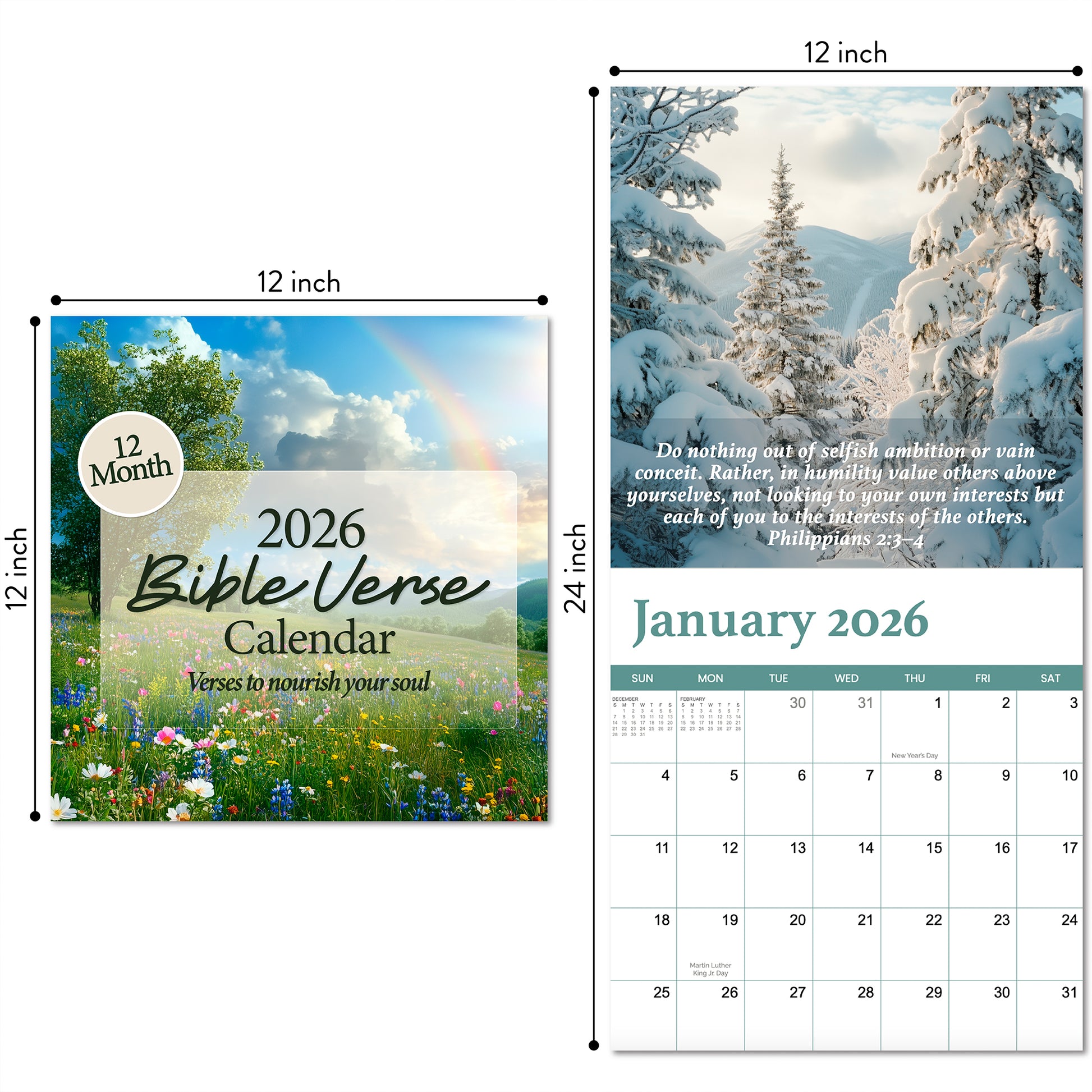 The Hannah Faith 2026 Bible Verse Wall Calendar features a meadow and rainbow on the cover, January’s page with snowy trees and a Bible verse, plus a monthly grid for January 2026.