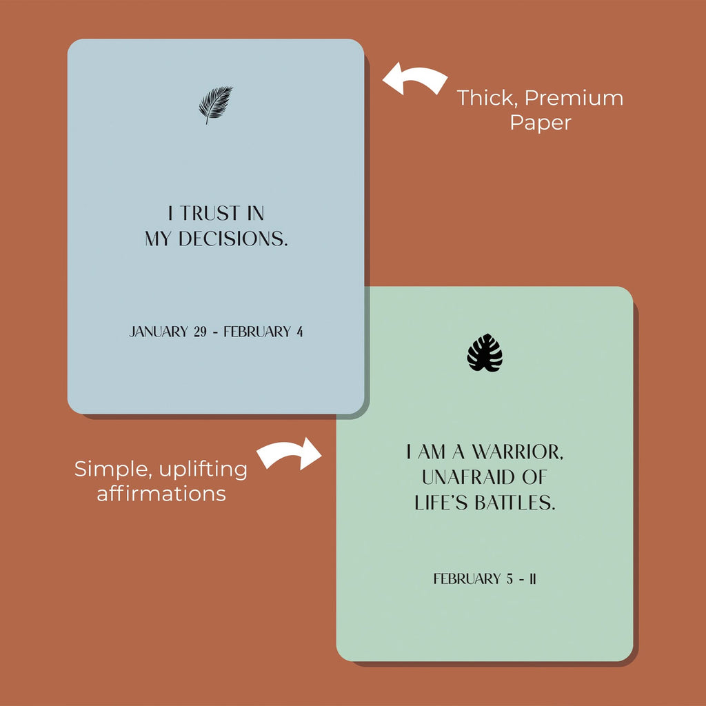 Eterna Goods Positive Affirmation Cards Weekly Calendar features 52 minimalist desk cards with motivational messages—perfect for mindfulness and self-care all year. A thoughtful gift, these sturdy cards inspire positivity every week.