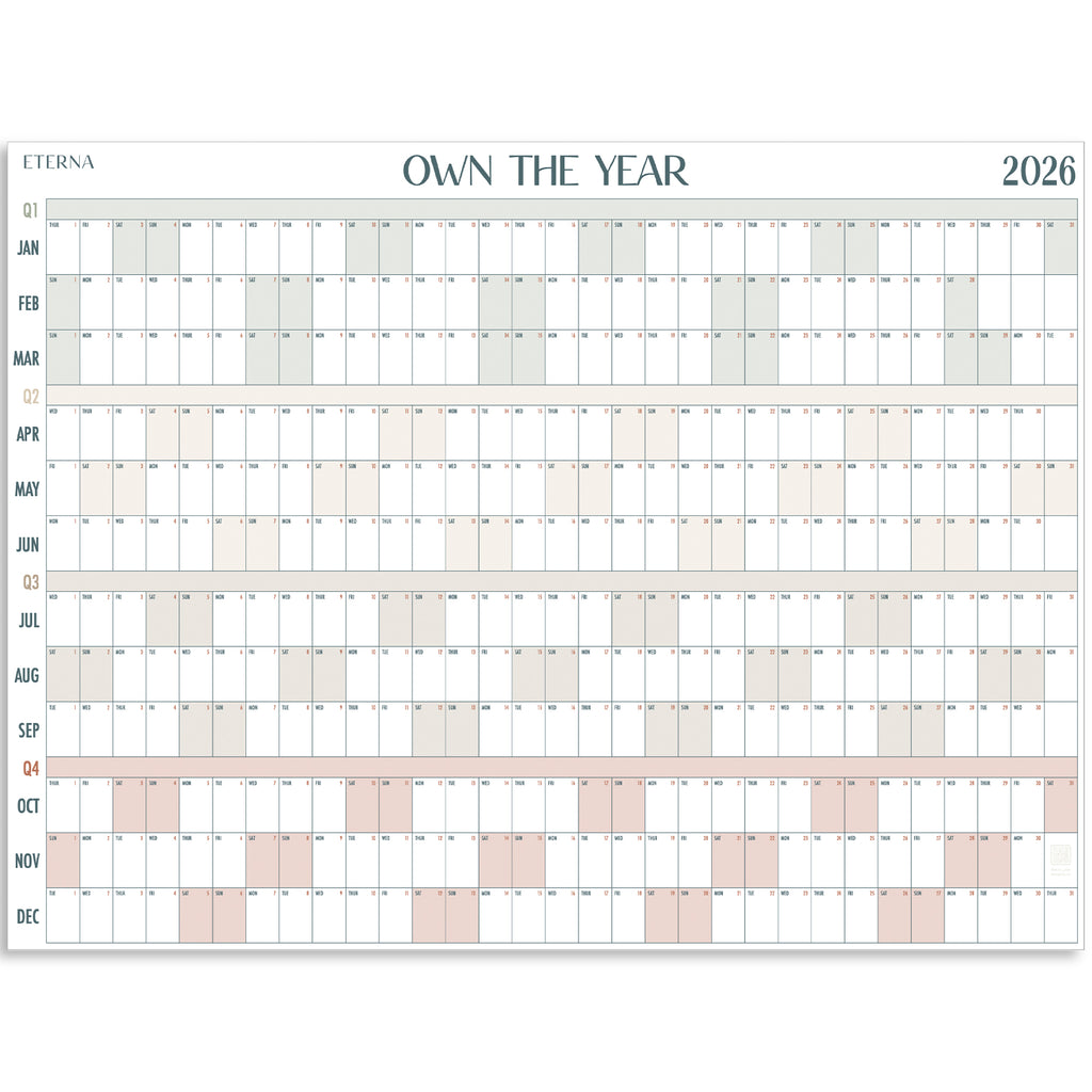 The Eterna Goods "Own the Year 2026" GIANT Dry Erase Wall Calendar (4ft x 3ft) displays all months vertically on the left and days in a grid. With its full-year layout, it’s ideal for easy planning and organizing.