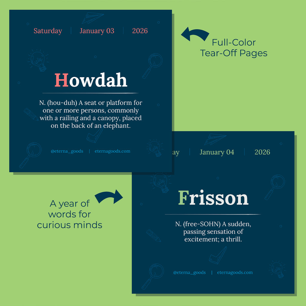 The 2026 Word Of The Day Calendar by Eterna Goods features daily full-color tear-off pages with words, pronunciations, and definitions—perfect for vocabulary enthusiasts.