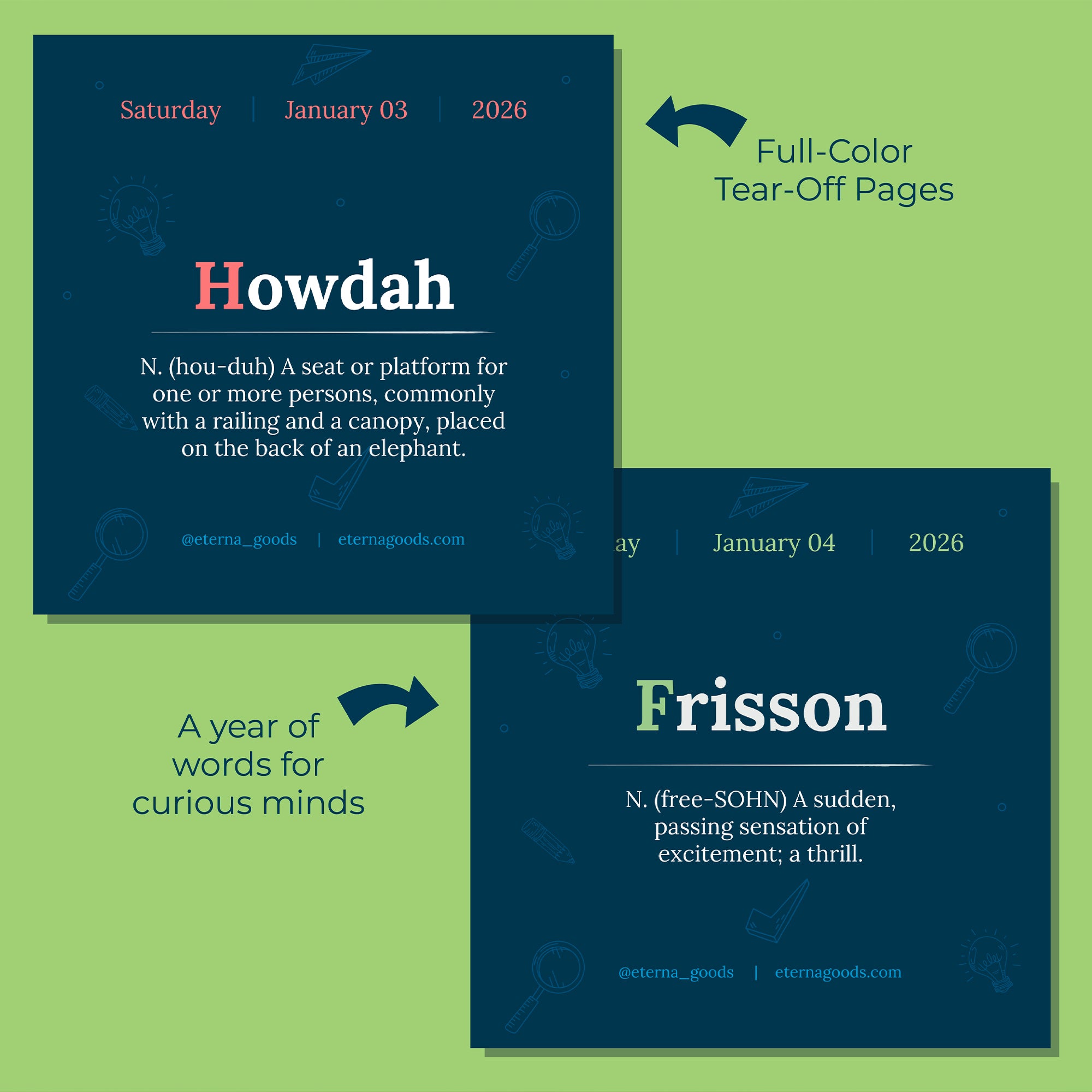 The 2026 Word Of The Day Calendar by Eterna Goods features daily full-color tear-off pages with words, pronunciations, and definitions—perfect for vocabulary enthusiasts.