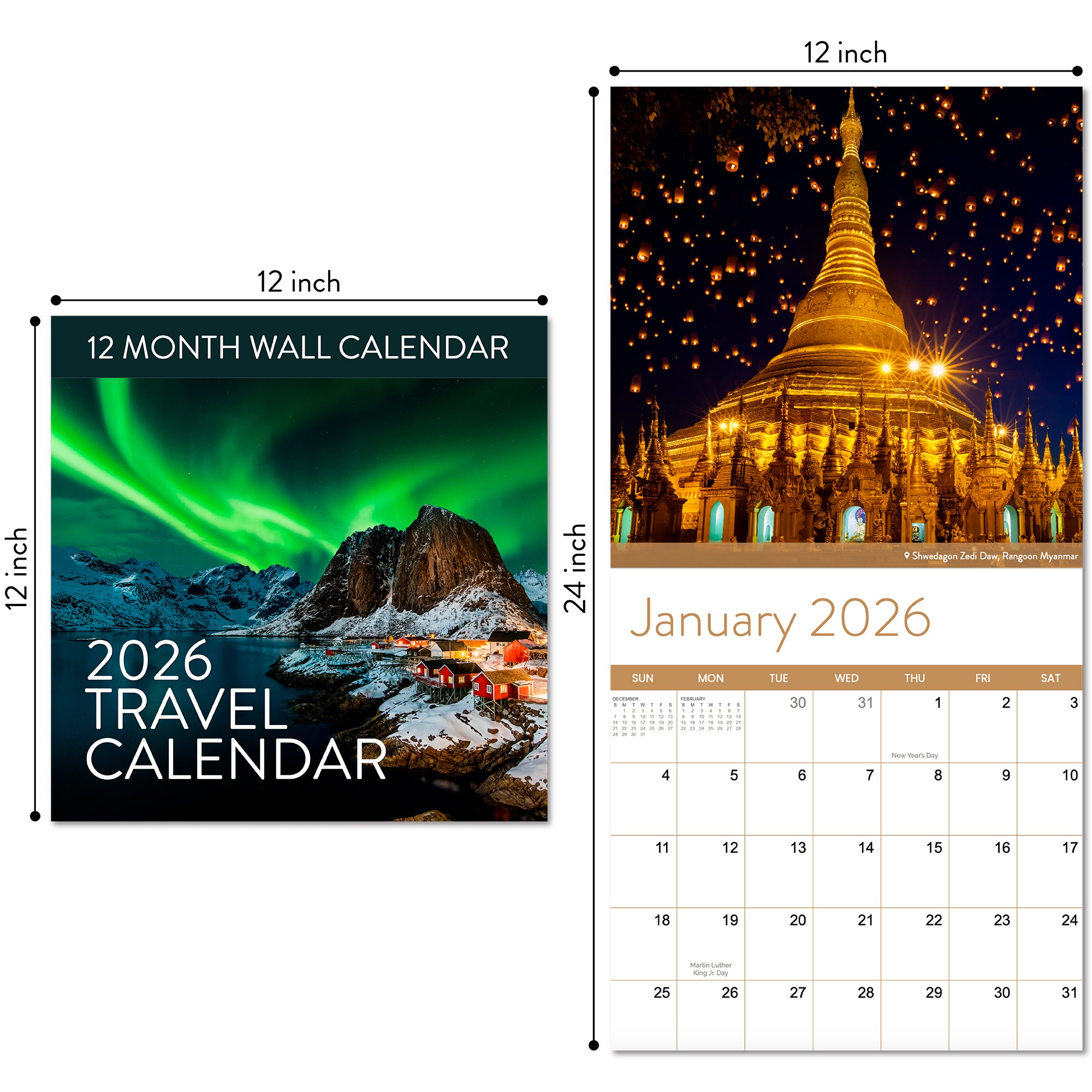 The Eterna Goods 2026 Travel Inspiration Wall Calendar measures 12x12 inches closed and 12x24 inches open; January features a golden pagoda image above the month's dates.