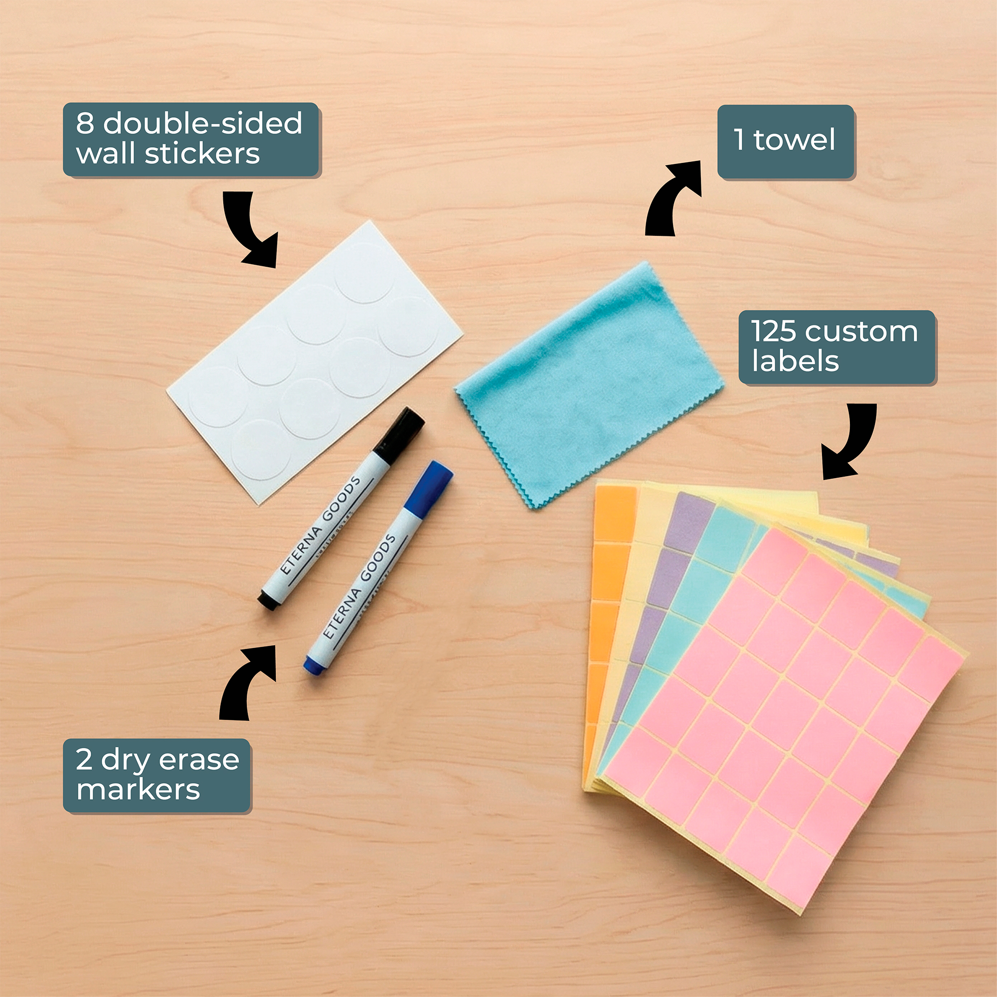 The Eterna Goods Own the Year UNDATED GIANT Dry Erase Wall Calendar (4ft x 3ft) includes 8 double-sided wall stickers, 2 dry erase markers, a towel, and 125 custom labels—perfect for creating your yearly planner.