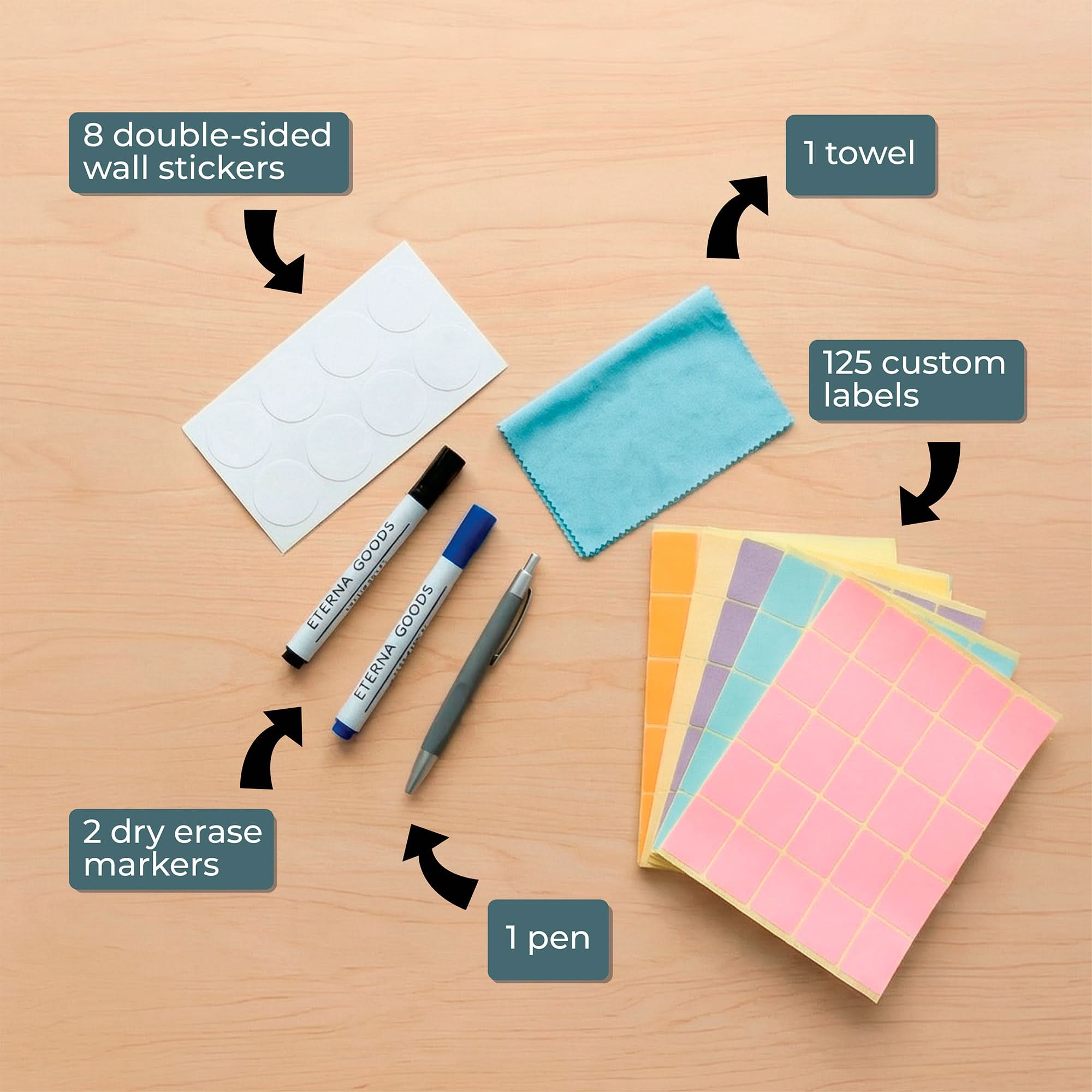 A flat lay displays the Eterna Goods Own the Year 2026 GIANT Dry Erase Wall Calendar (4ft x 3ft), with 8 double-sided wall stickers, 2 markers, a pen, a towel, and 125 pastel custom labels arranged neatly on a wooden surface.