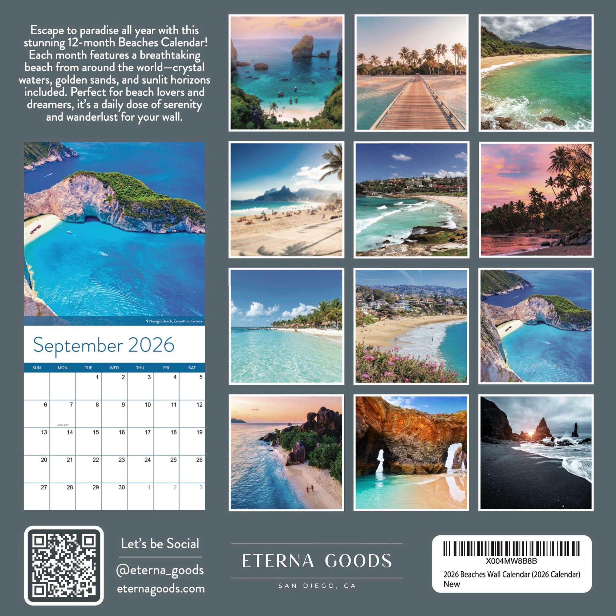 Back cover of the 2026 Beaches Wall Calendar by Eterna Goods, featuring a 12-month grid, twelve global beach photos, brief descriptions, and social media handles.