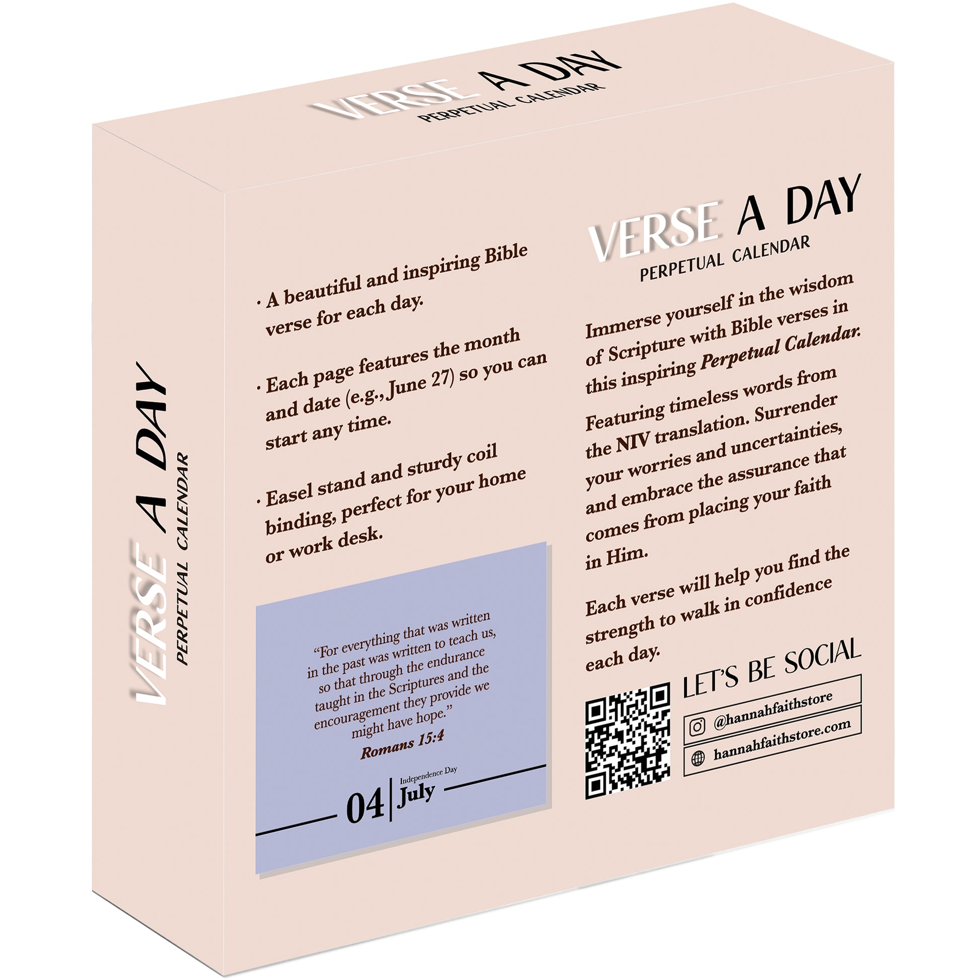 Back of Hannah Faith "Verse A Day Perpetual Calendar" box with product details, sample Bible verse, social media info, and a description of daily inspirational verses.