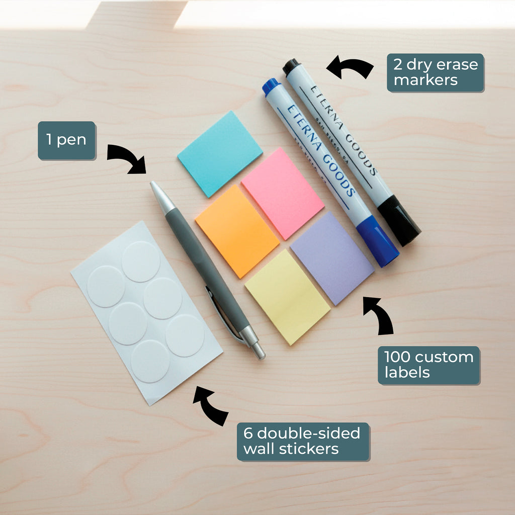 A pen, two dry erase markers, five sticky note pads, six double-sided wall stickers, and a sheet of 100 custom labels—perfect accessories for the Eterna Goods Own the Year 2026 GIANT Dry Erase Wall Calendar (4ft x 3ft).