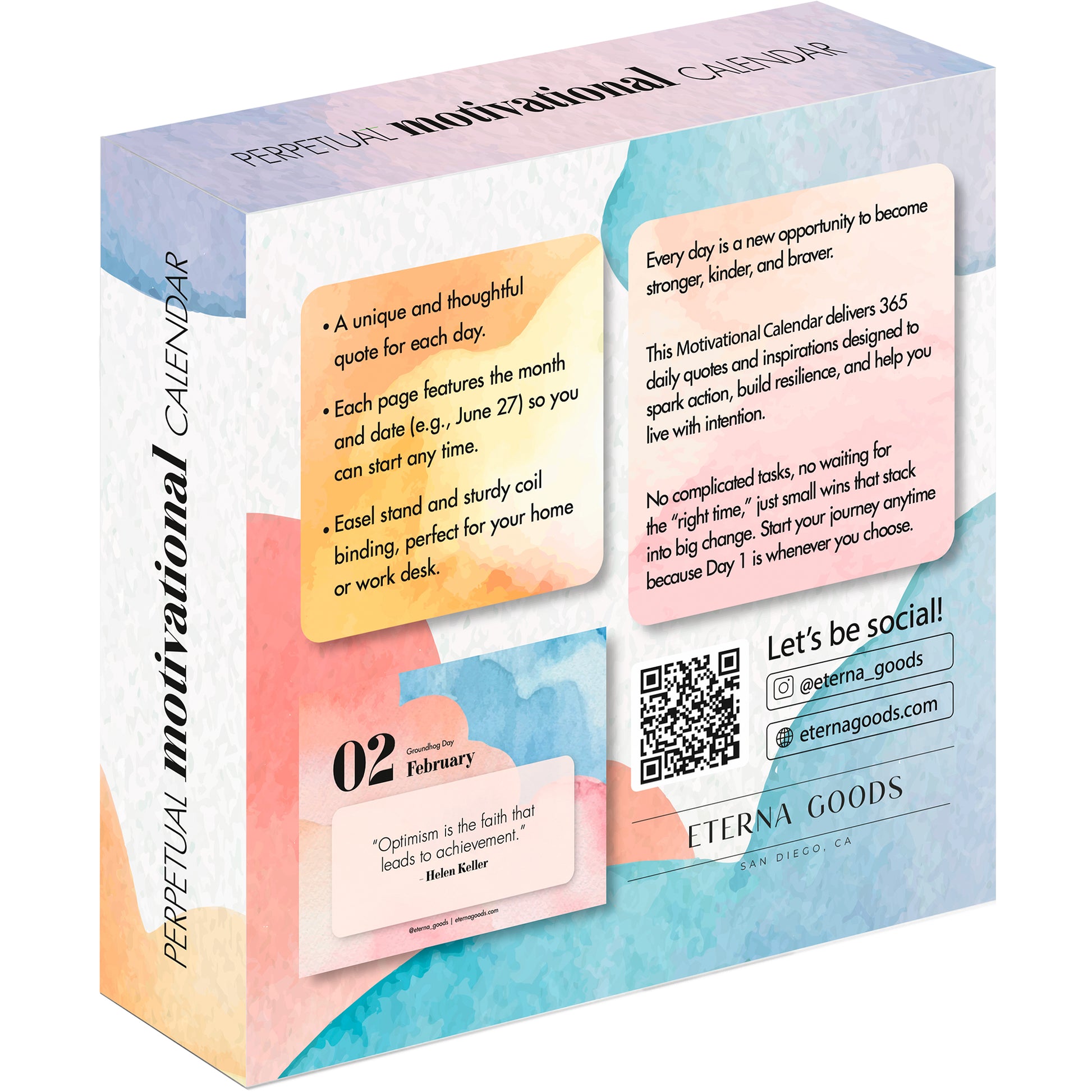 Motivational Perpetual Calendar by Eterna Goods shown on a pastel background, highlighting product features, an inspiring sample quote, and social media details.