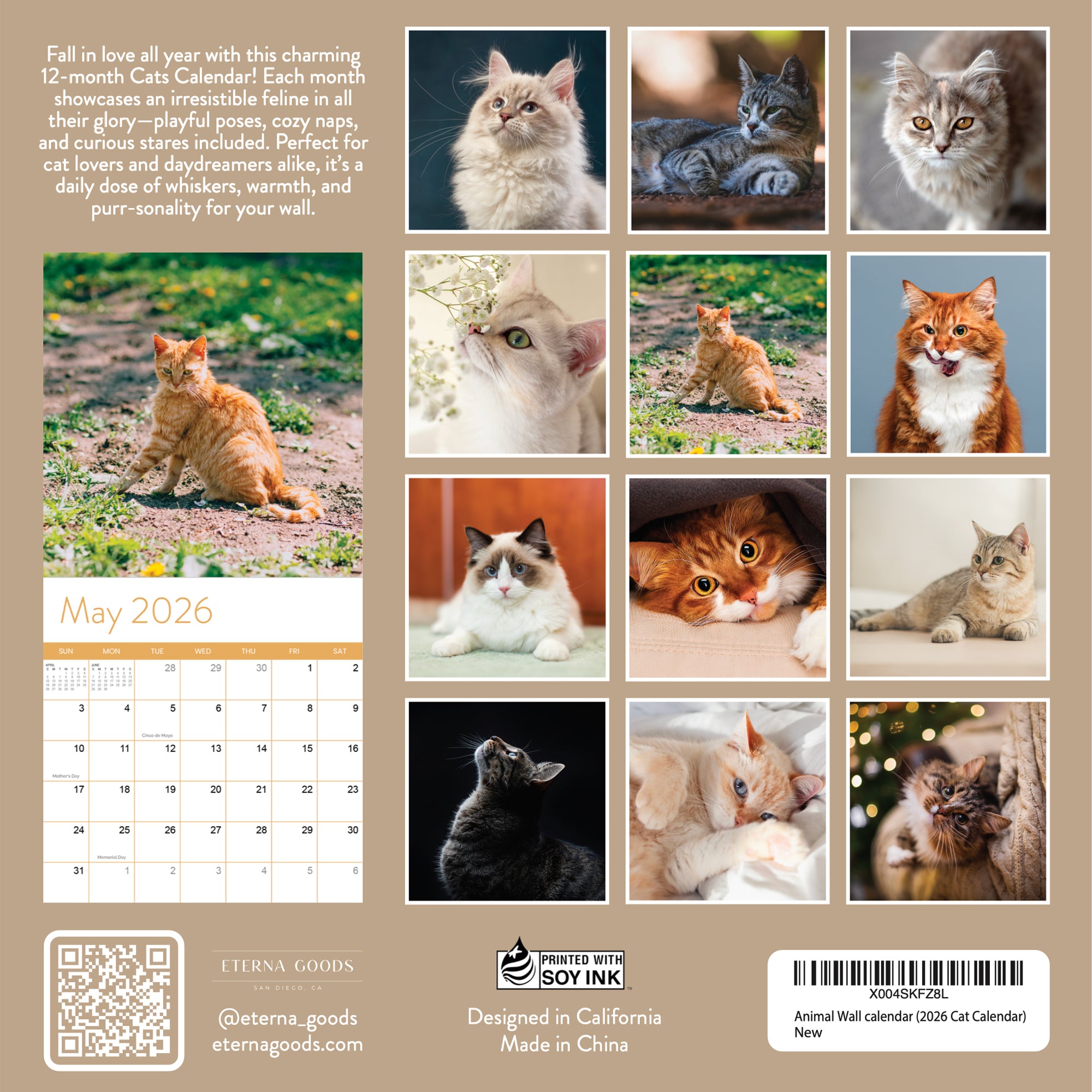 The back cover of the Eterna Goods 2026 Cats Wall Calendar displays the May 2026 page and twelve stunning cat photos, making it the perfect gift for cat lovers and fans of charming coastal photography.