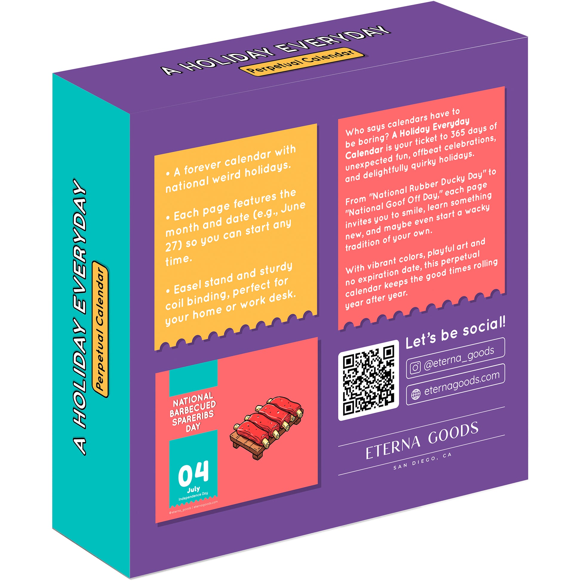 Back of Eterna Goods’ "A Holiday Everyday Perpetual Calendar" box displays features, a sample page, social media details, and a QR code.