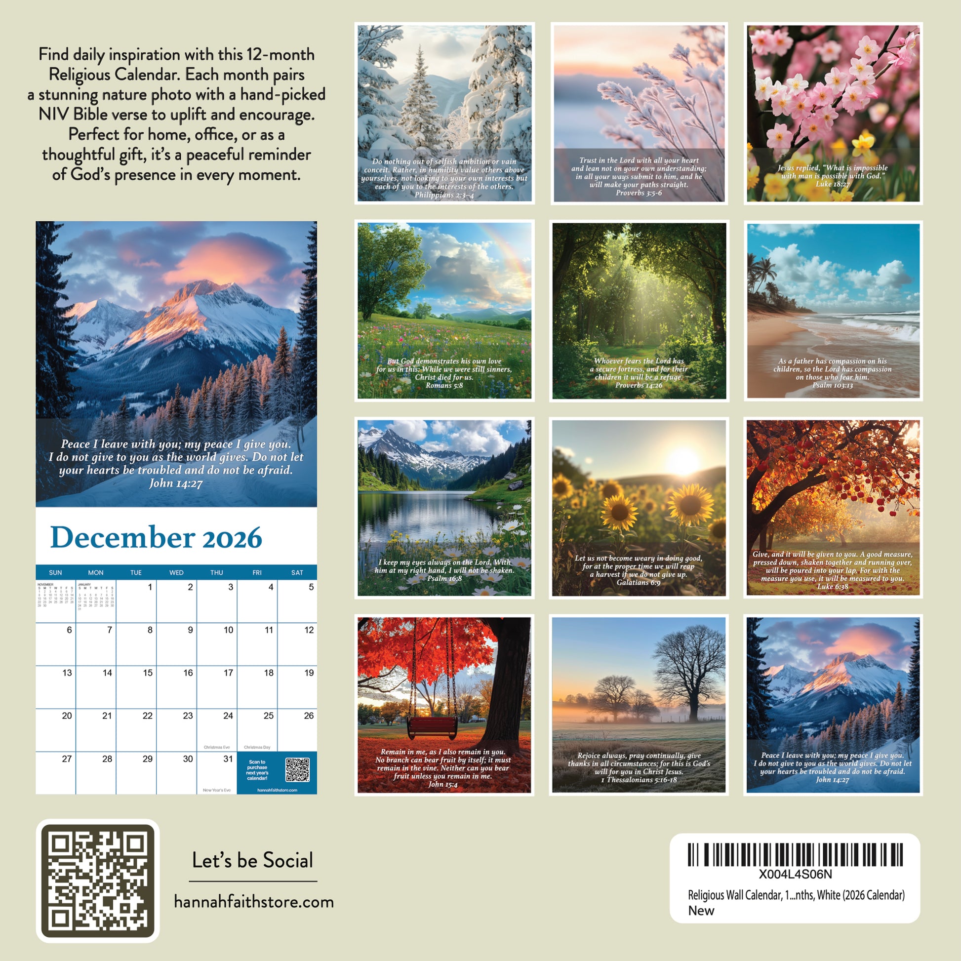 Back cover of the 2026 Bible Verse Wall Calendar by Hannah Faith features scenic monthly landscapes with Bible verses; December displays a snowy mountain. Includes product details, social media icons, and barcode.