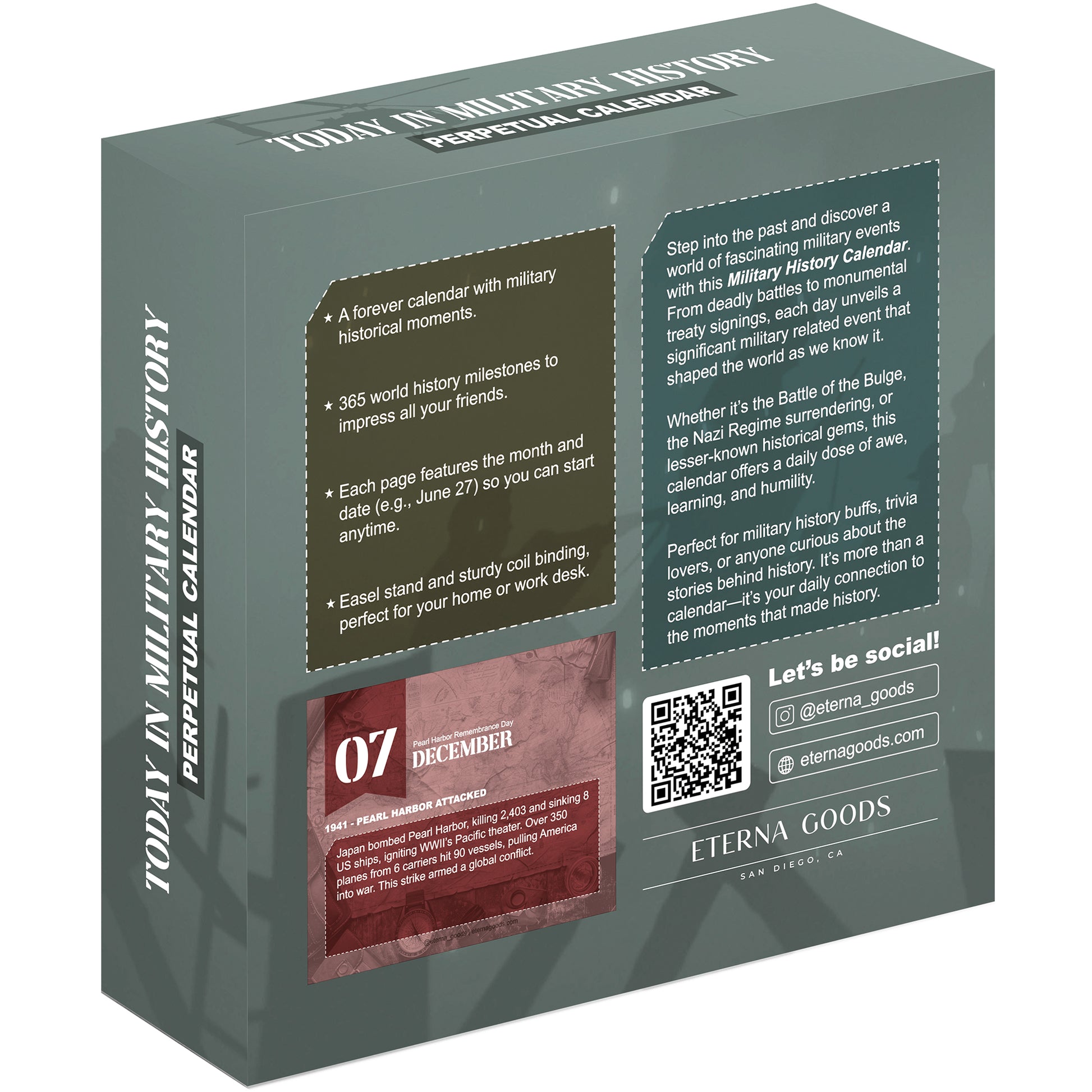 Back of Eterna Goods' "Today In Military History Perpetual Calendar" box displays product features, a sample calendar page, social media links, and a QR code for more details.