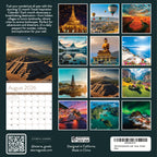 The back cover of the 2026 Travel Inspiration Wall Calendar by Eterna Goods features a grid of breathtaking coastal images above an August 2026 page and a brief description—ideal for beach calendar fans and travelers seeking inspiration.
