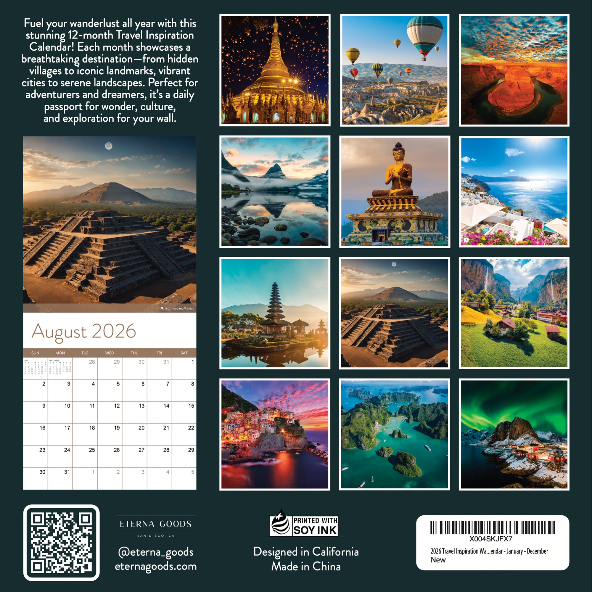 The back cover of the 2026 Travel Inspiration Wall Calendar by Eterna Goods features a grid of breathtaking coastal images above an August 2026 page and a brief description—ideal for beach calendar fans and travelers seeking inspiration.