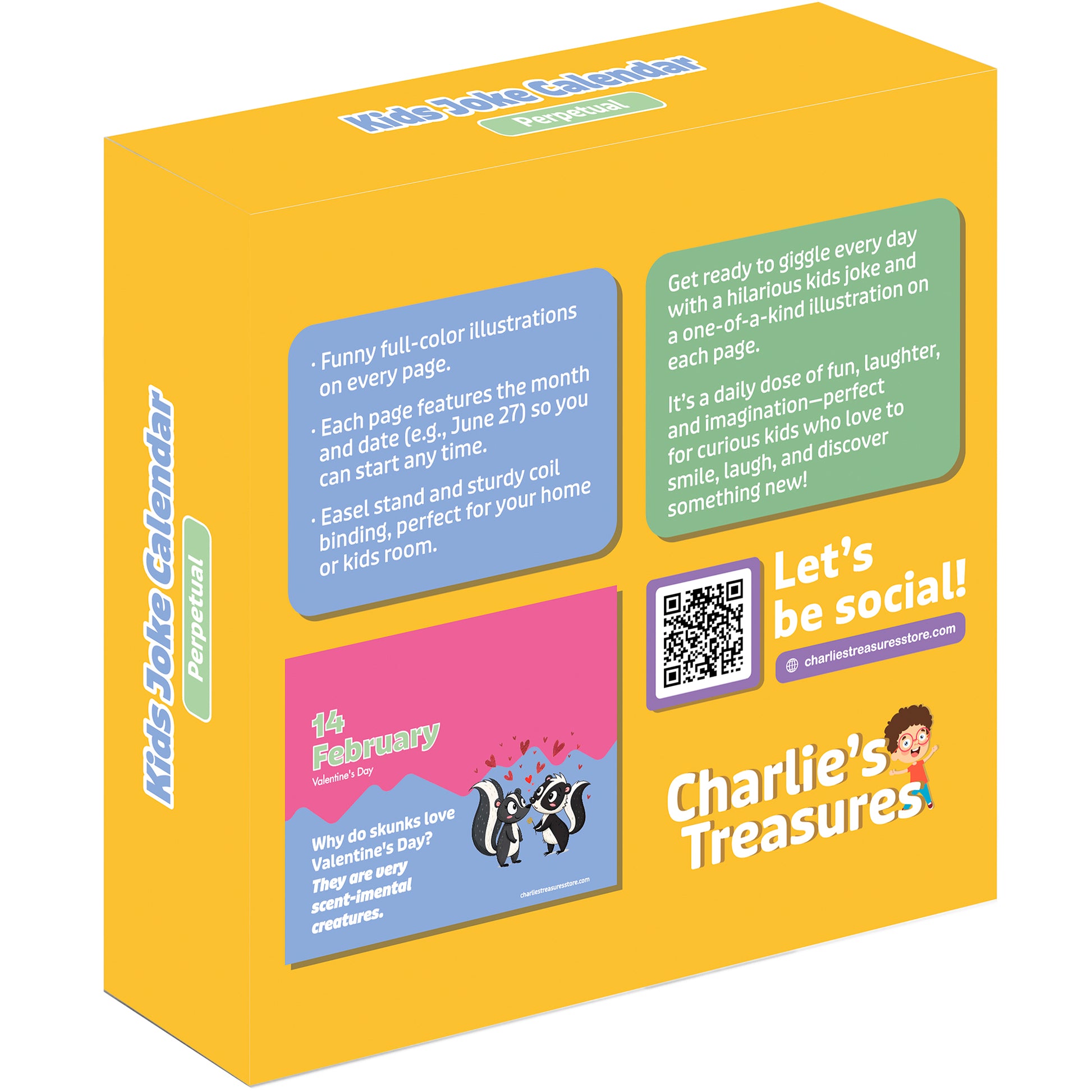 Back of the Perpetual Kids Jokes Calendar box features product highlights, a sample February 14 joke page, and Charlie's Treasures’ social media details.