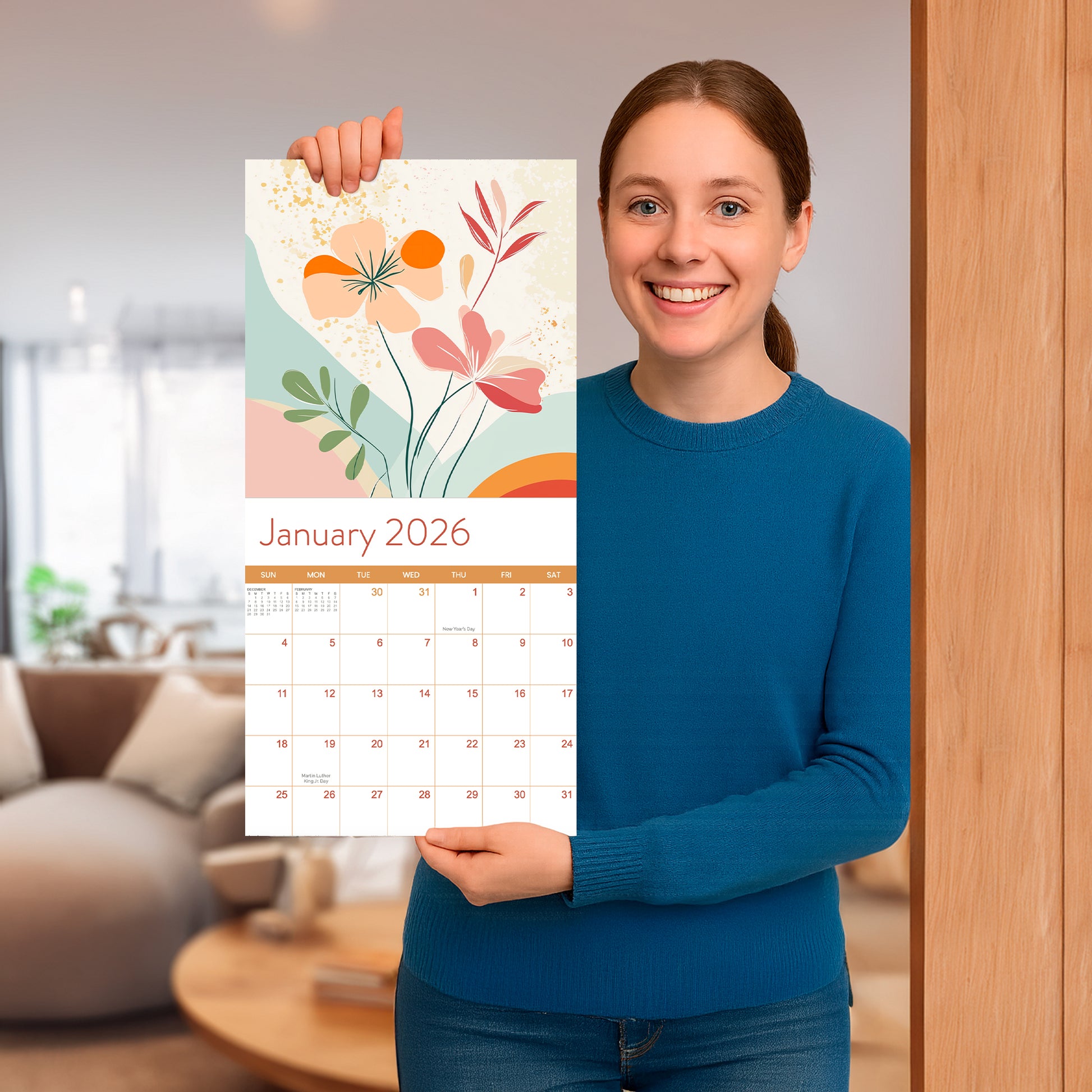 A woman in a blue sweater stands indoors holding up the Eterna Goods 2026 Floral Wall Calendar, open to January and displaying its vibrant floral design.