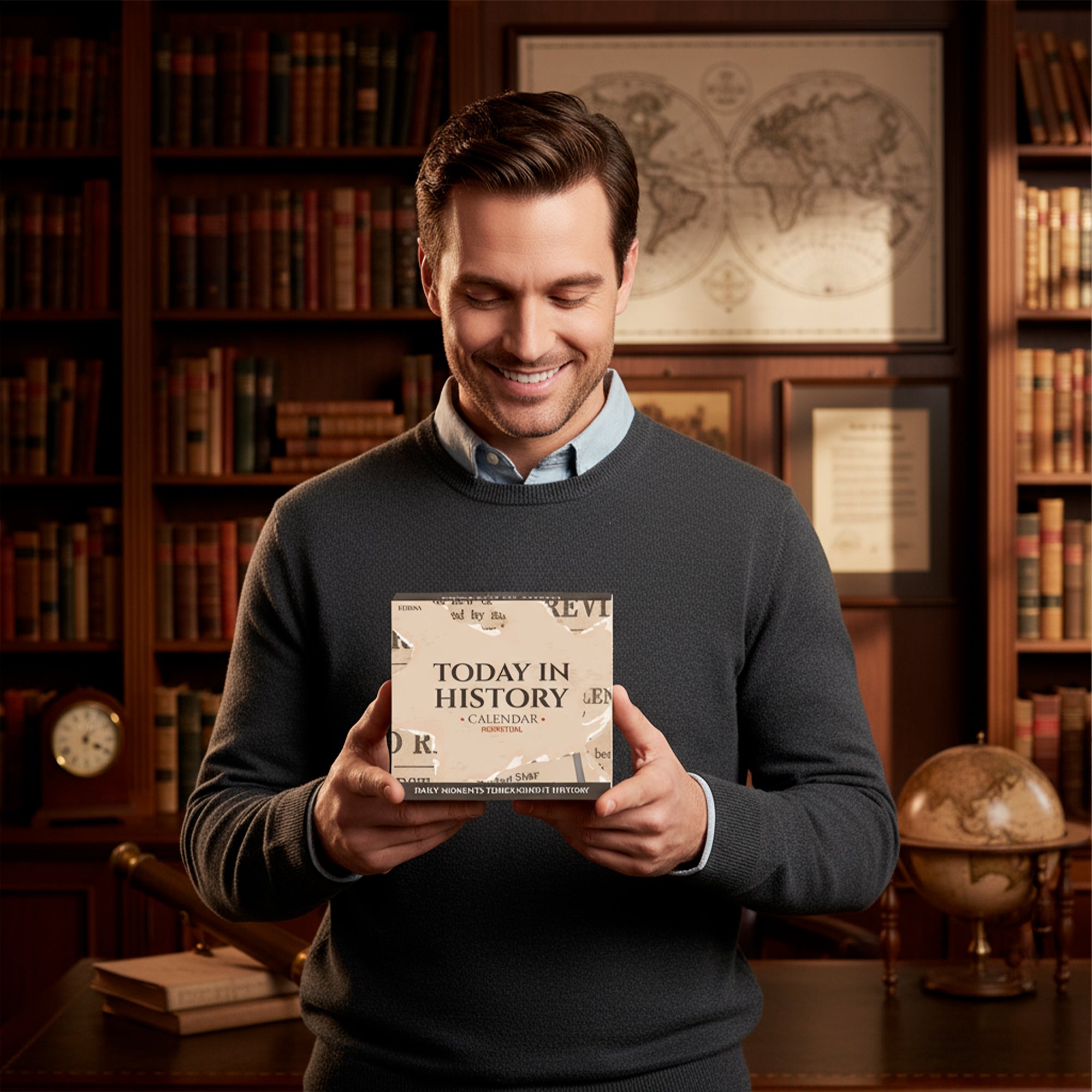 A man in a library smiles at the Today In History Perpetual Calendar by Eterna Goods, surrounded by books and a world map—a perfect educational gift for history lovers seeking daily fascinating facts.