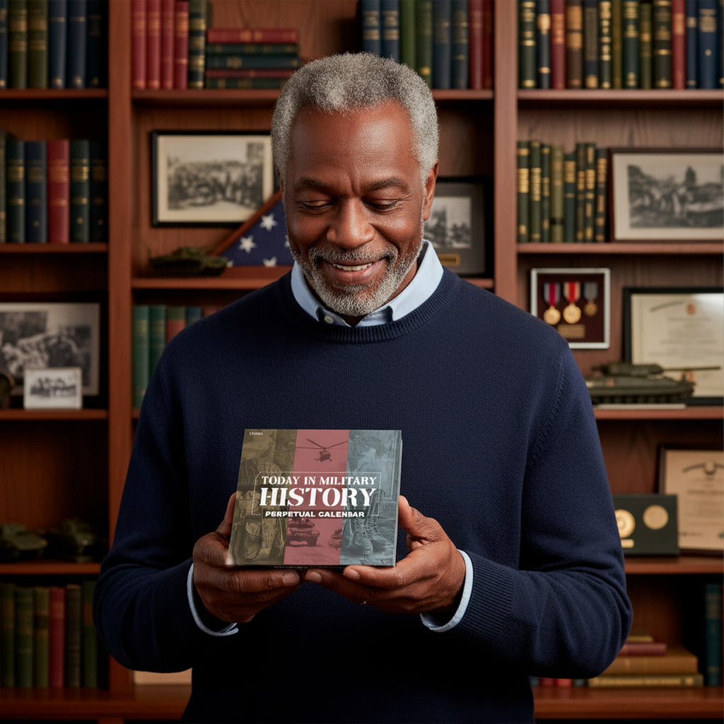 A man stands in a library holding the "Today In Military History Perpetual Calendar" by Eterna Goods, with shelves of books, medals, and certificates displayed in the background.