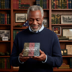 A man stands in a library holding the "Today In Military History Perpetual Calendar" by Eterna Goods, with shelves of books, medals, and certificates displayed in the background.