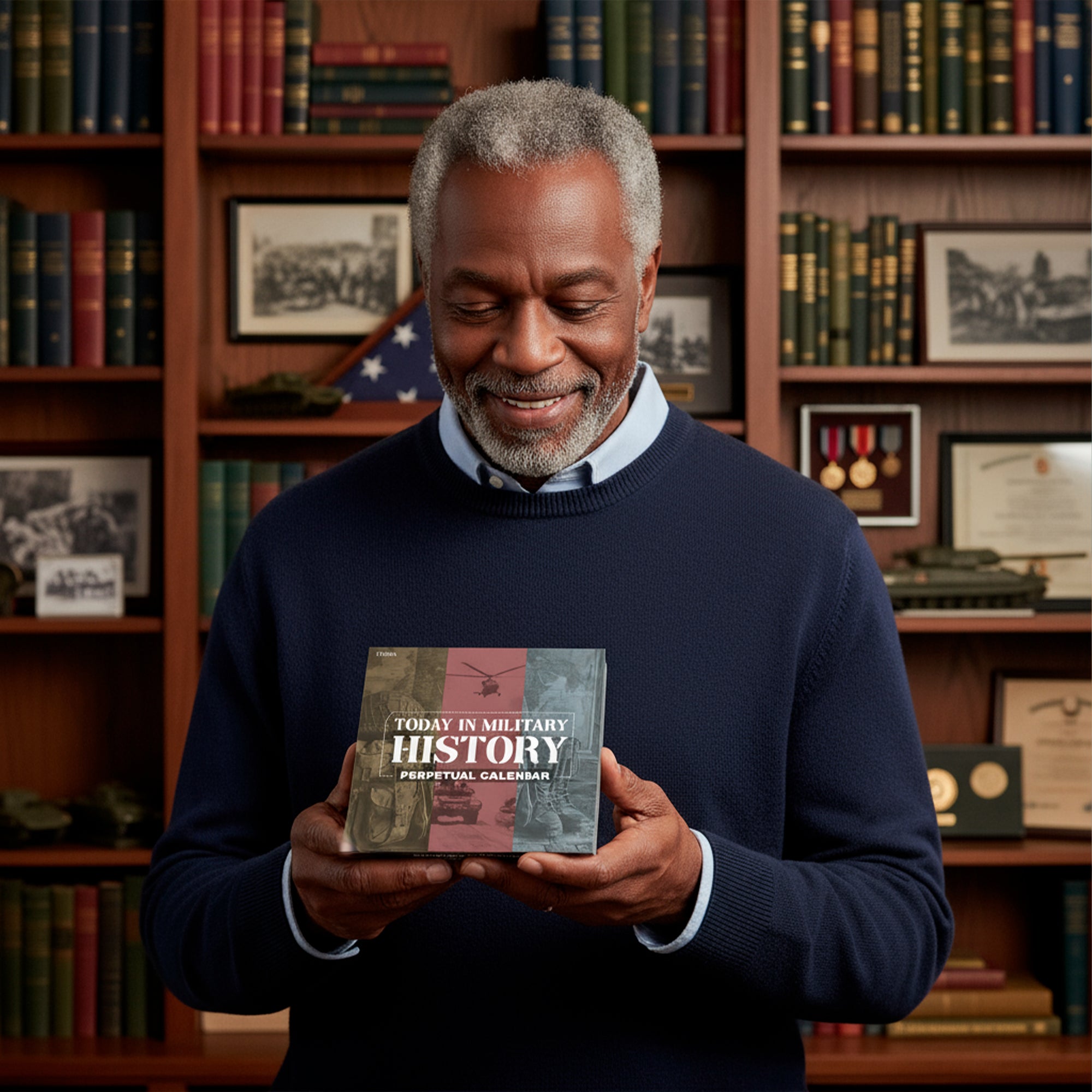 A man stands in a library holding the "Today In Military History Perpetual Calendar" by Eterna Goods, with shelves of books, medals, and certificates displayed in the background.