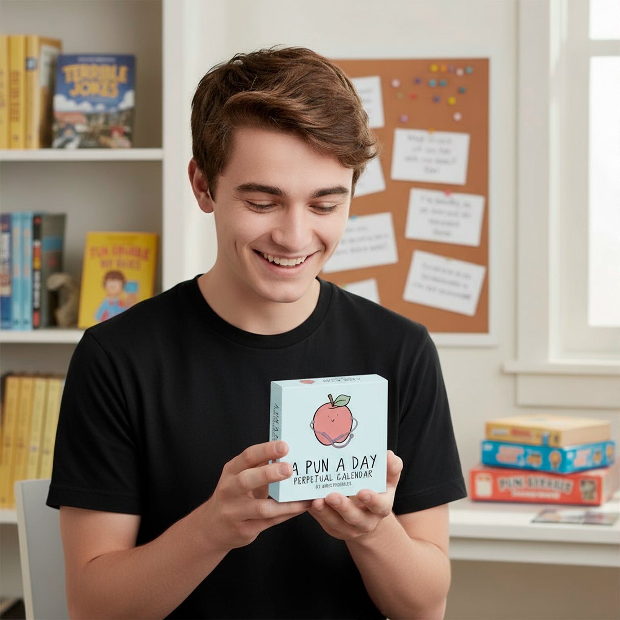 A young man in a black shirt smiles while holding the rockdoodles "A Pun A Day Perpetual Calendar"—a fun wordplay gift—in a room with shelves of books, games, and a corkboard in the background.