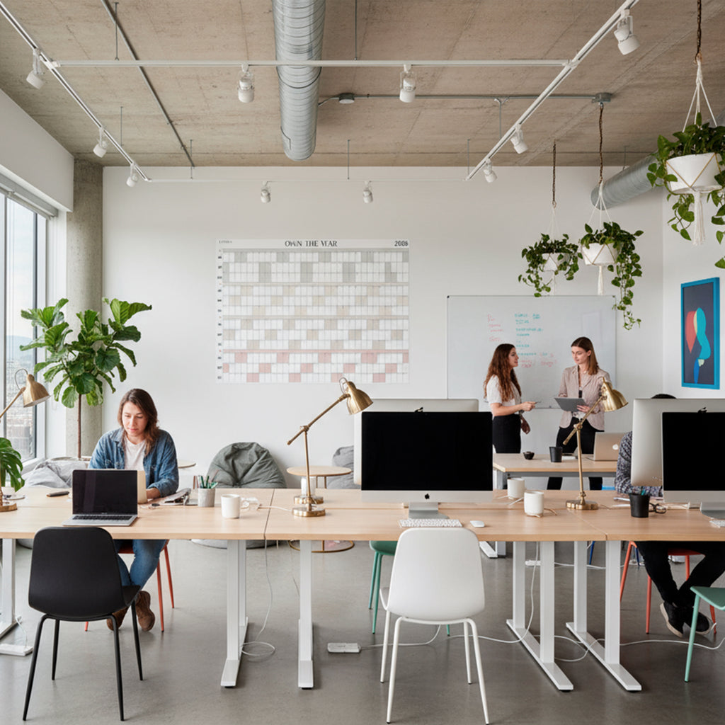 A modern open-plan office with people at desks, two women discussing near an Eterna Goods Own the Year 2026 GIANT Dry Erase Wall Calendar (4ft x 3ft), and potted plants placed around the workspace.